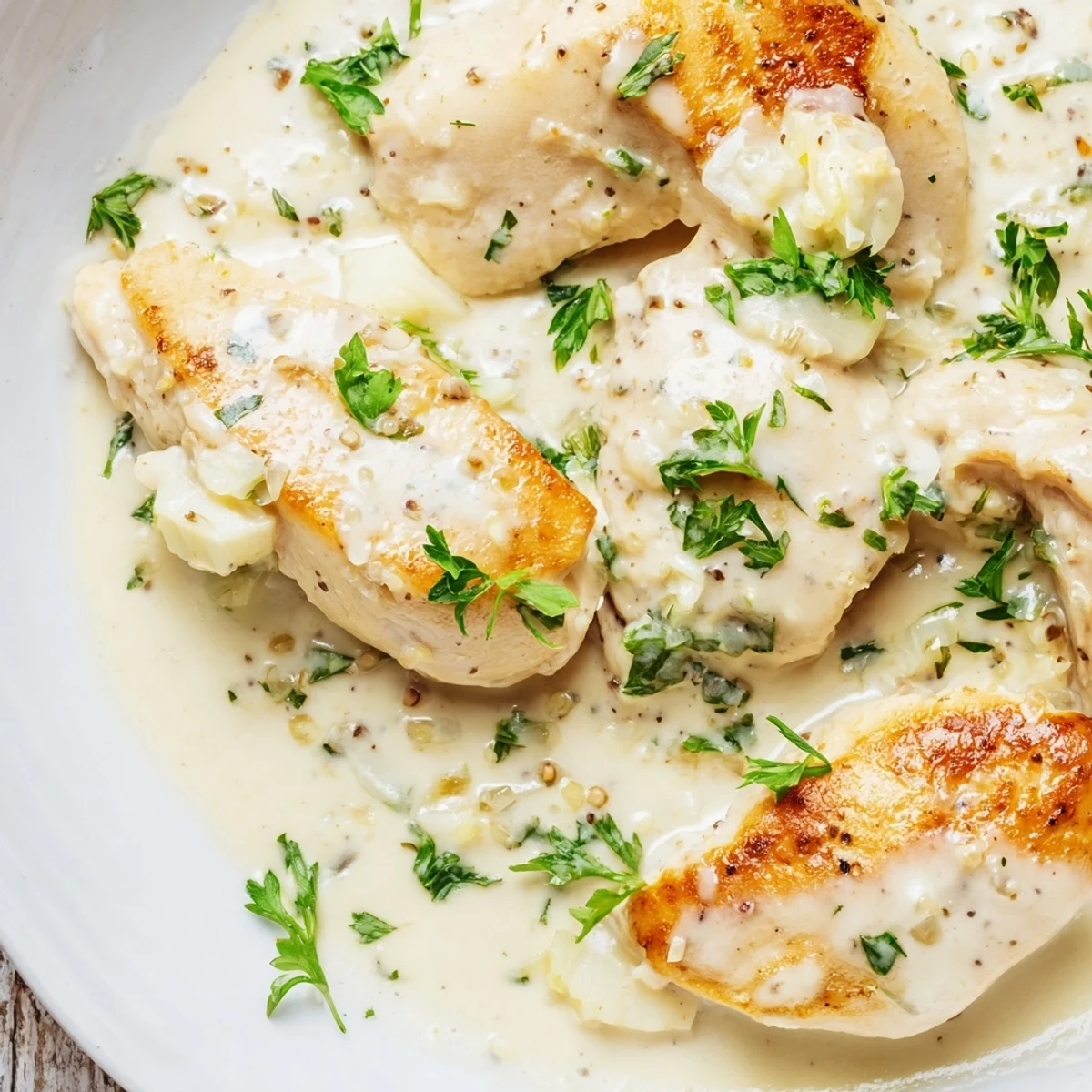 Tender creamy garlic chicken breasts smothered in velvety garlic parmesan sauce on white plate