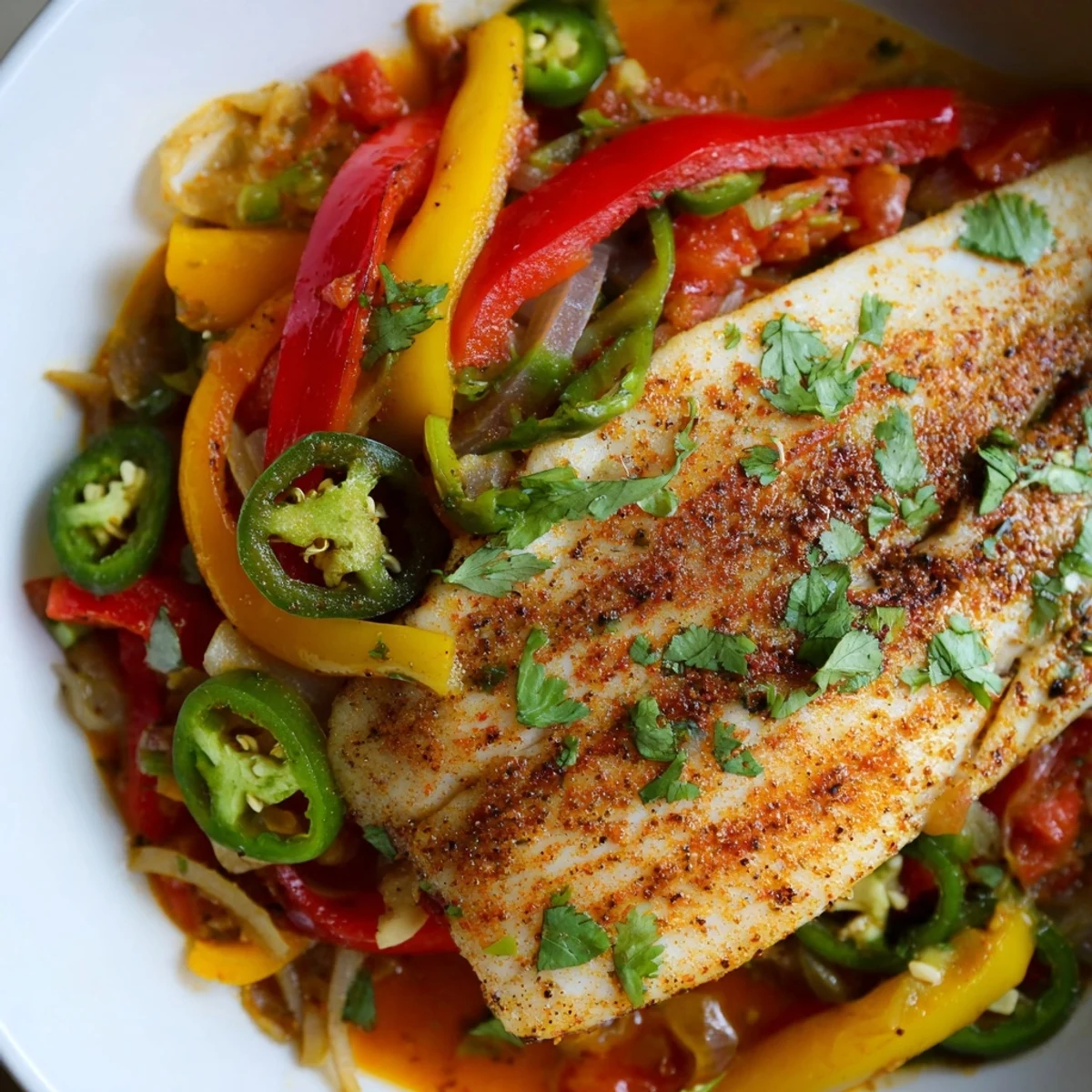Golden tilapia fillets nestled in vibrant spicy roasted pepper skillet with tomatoes and cilantro