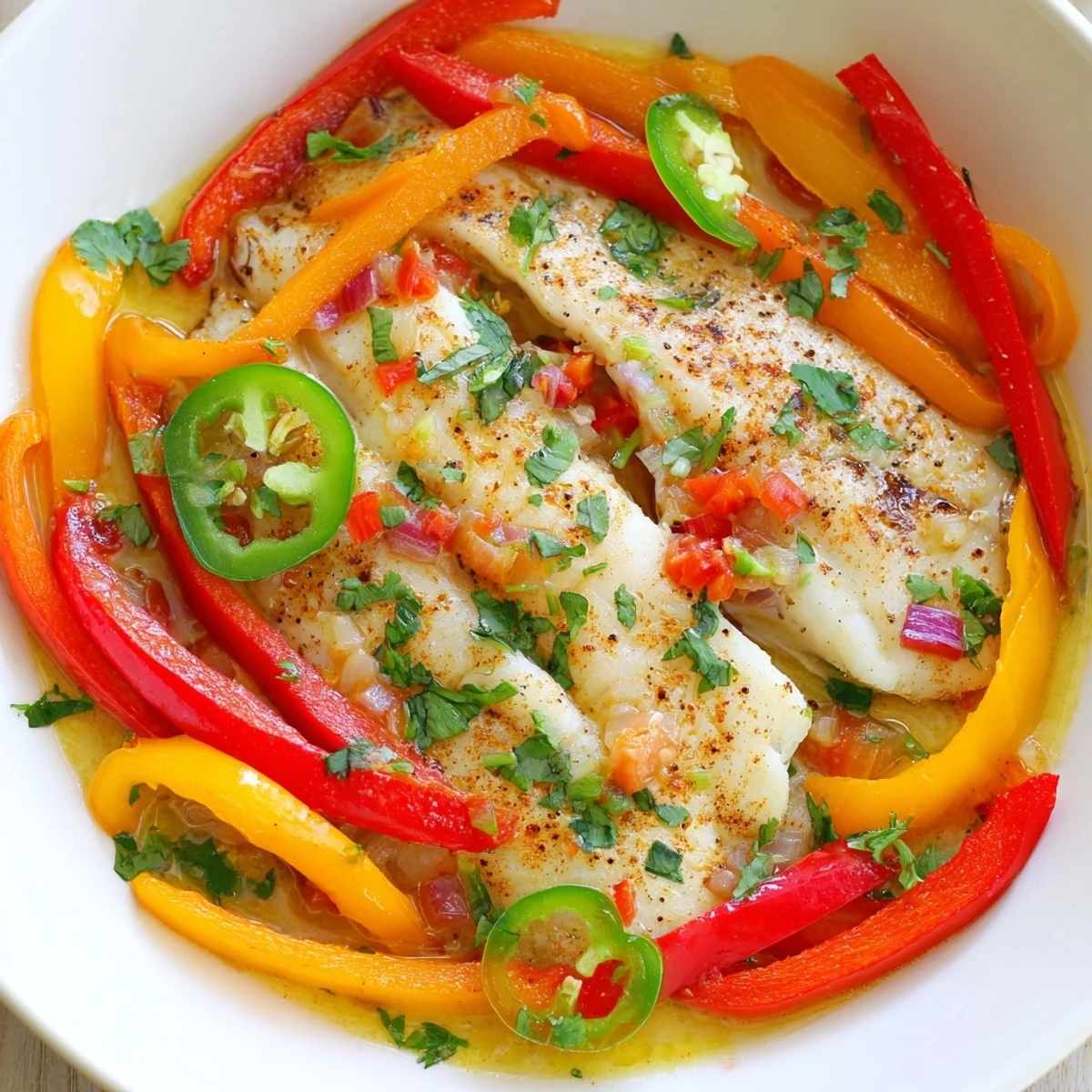 Spicy roasted pepper tilapia skillet topped with fresh lime and colorful bell peppers