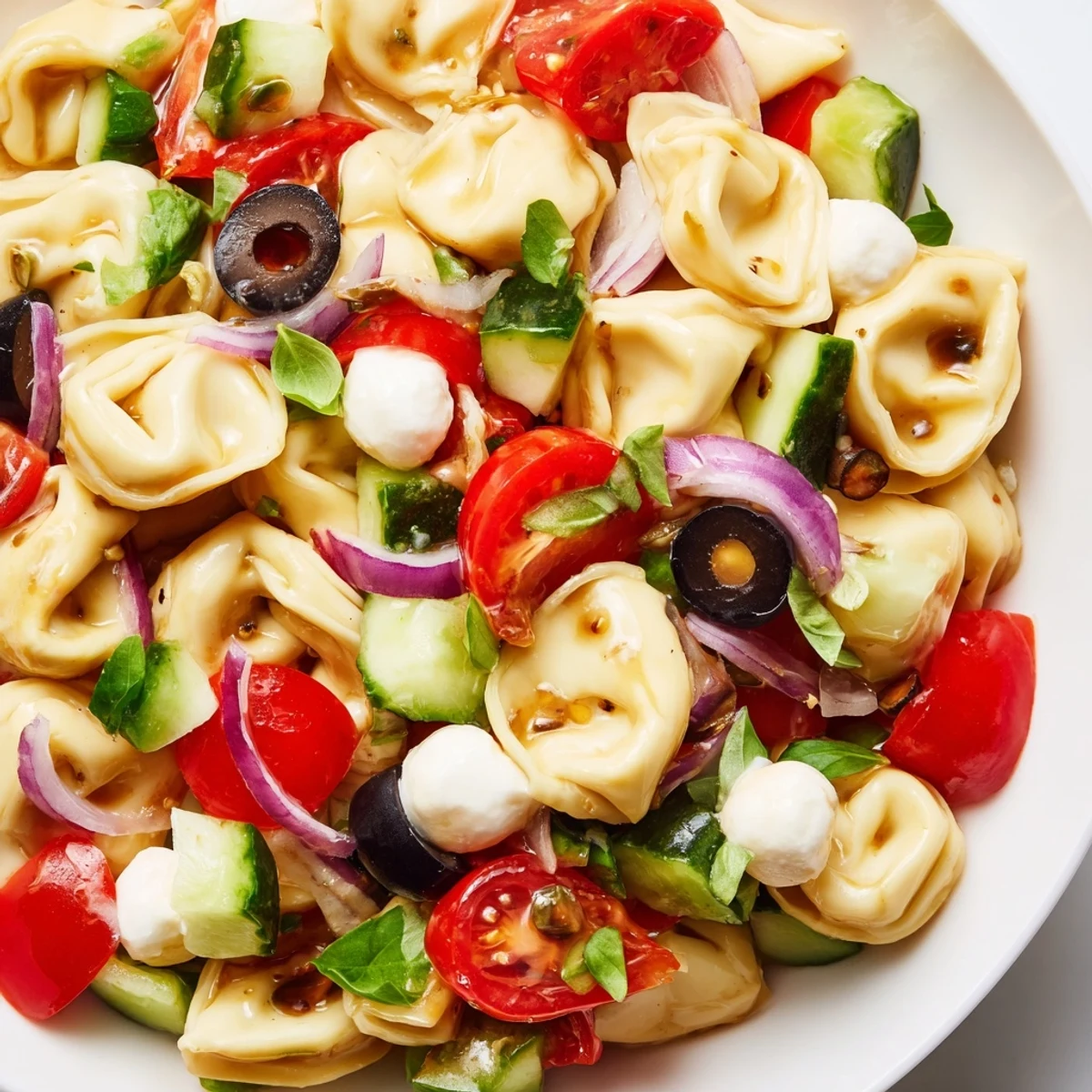 Colorful tortellini pasta salad with cherry tomatoes and olives in zesty Italian dressing