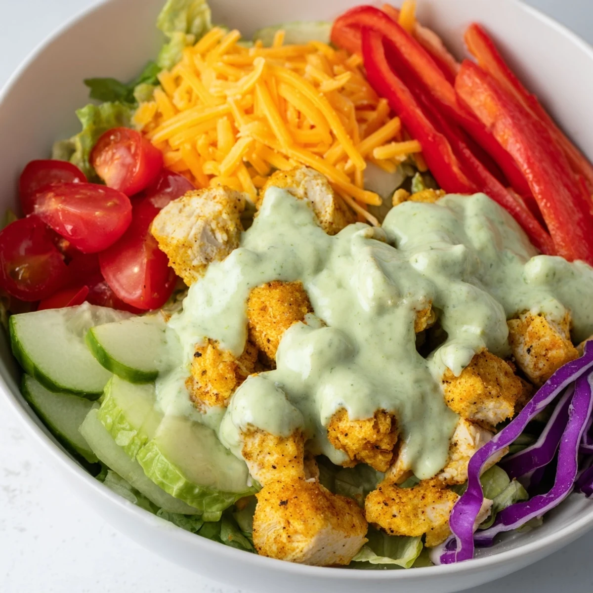 Keto bowls featuring crisp lettuce, juicy tomatoes, and golden chicken topped with melted cheddar cheese