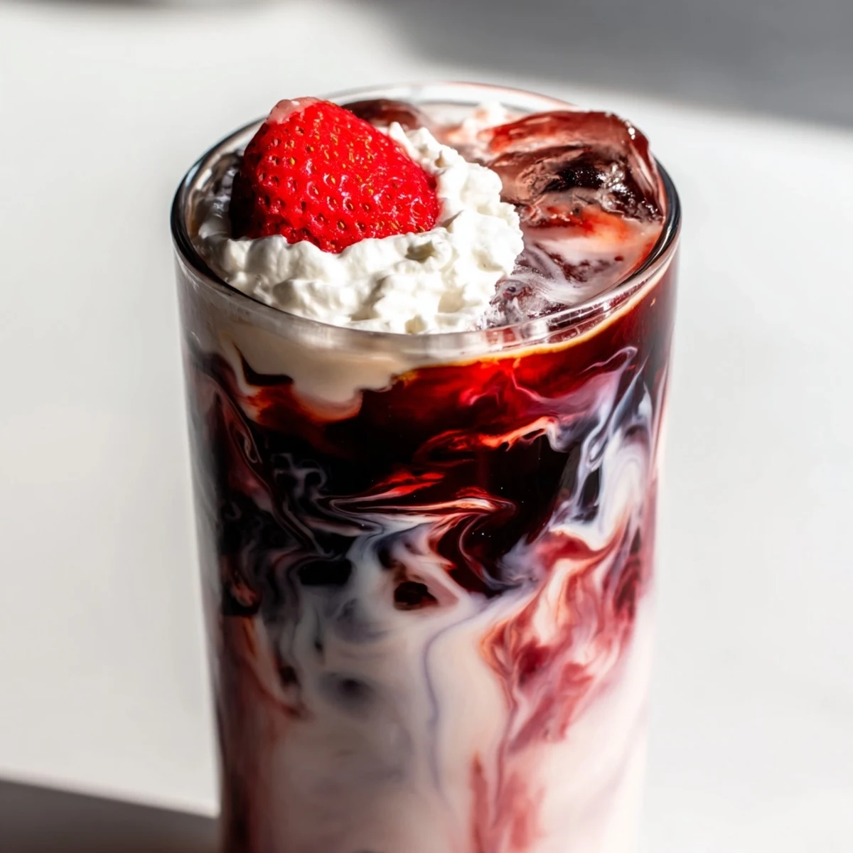 Creamy strawberry cold latte served over ice in a tall glass with whipped cream topping