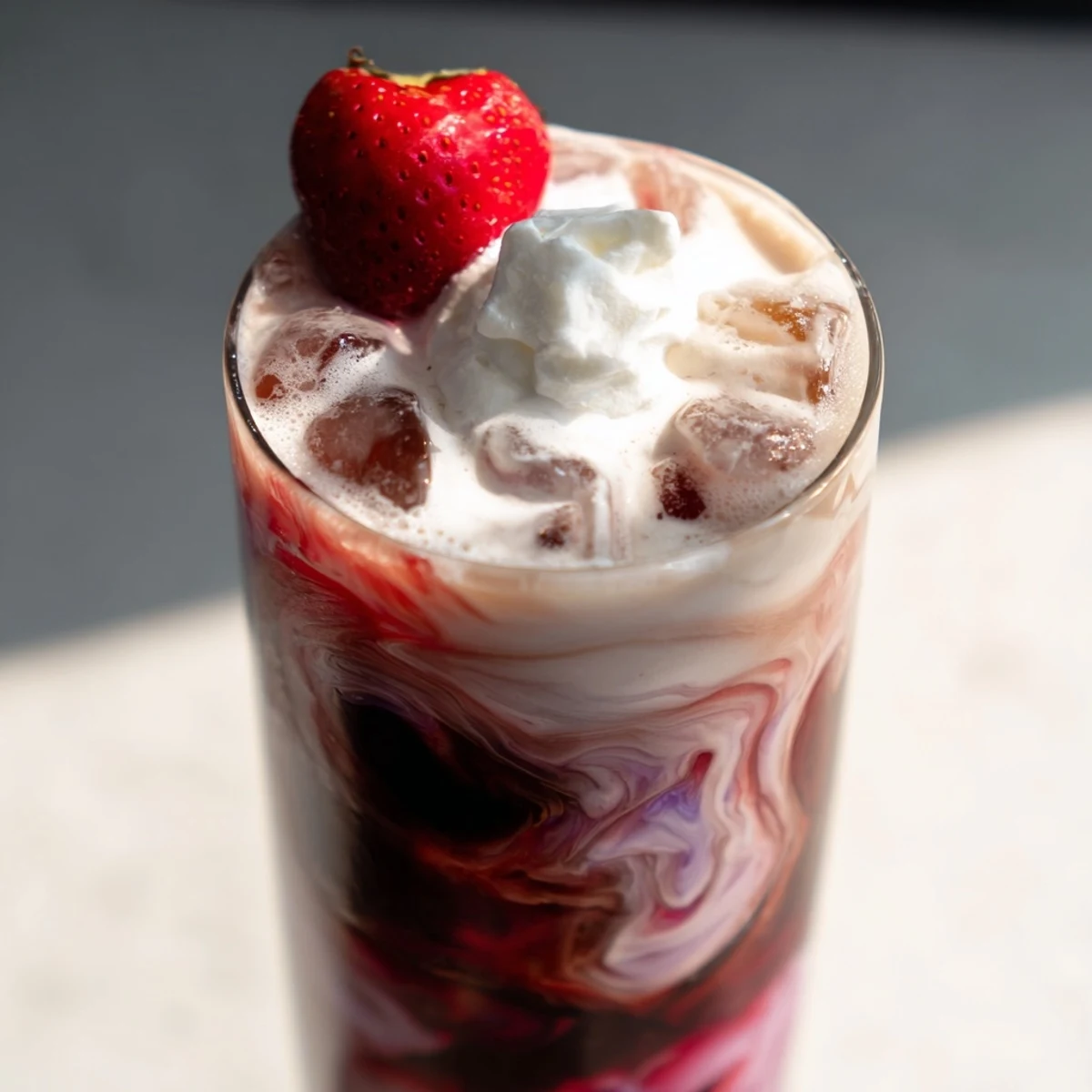 Refreshing strawberry cold latte with rich espresso swirls and fresh berry garnish on top