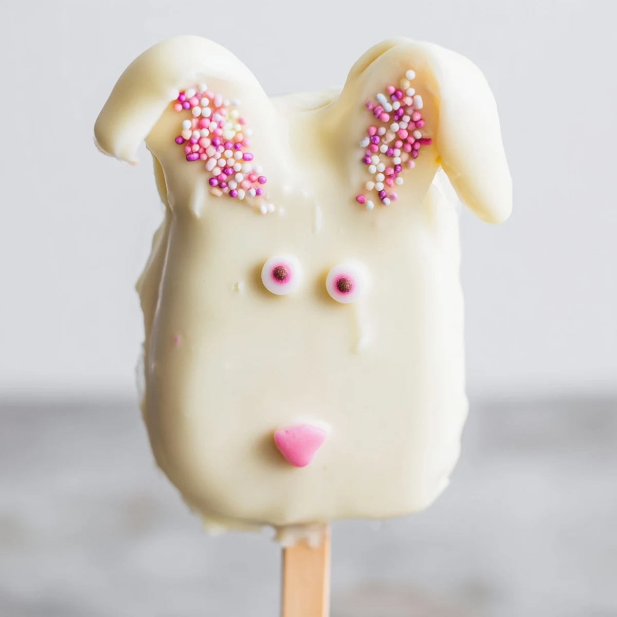 Cute bunny cakesicles dipped in creamy white chocolate with pink sprinkle decorations