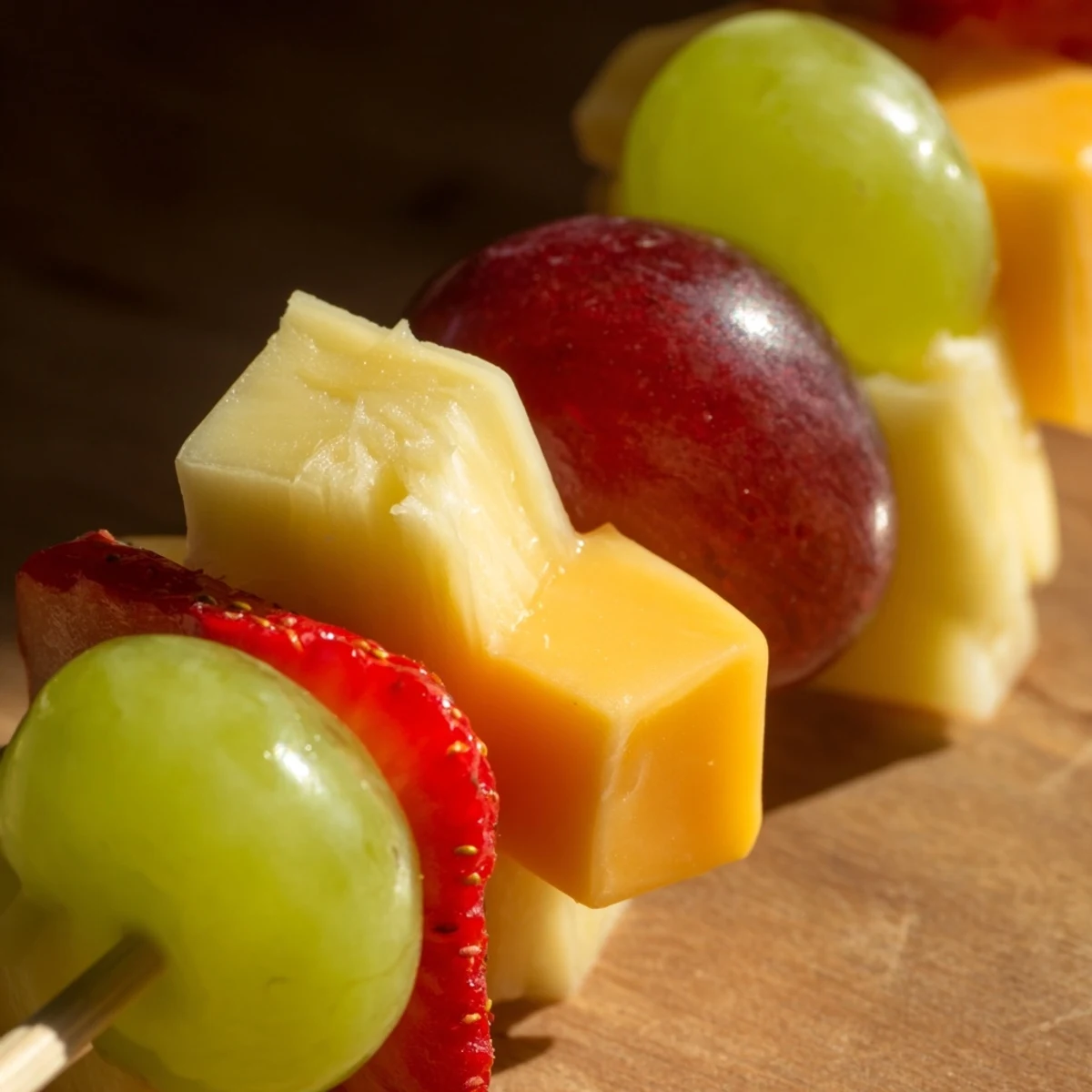Fruit and cheese kabobs arranged on platter with colorful grapes strawberries and cheddar cubes