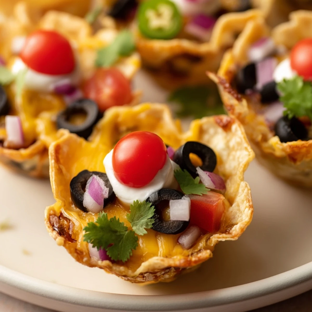 Golden cheesy nacho cups bubbling with melted cheddar and fresh toppings on a platter