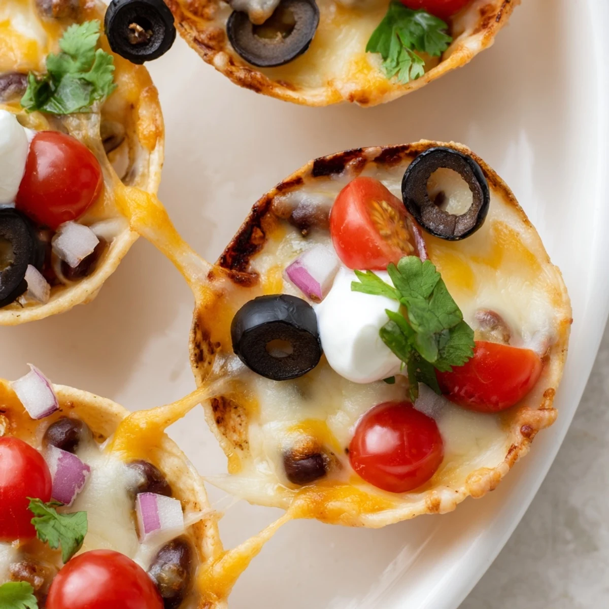 Steaming cheesy nacho cups garnished with sour cream and cilantro ready for game day
