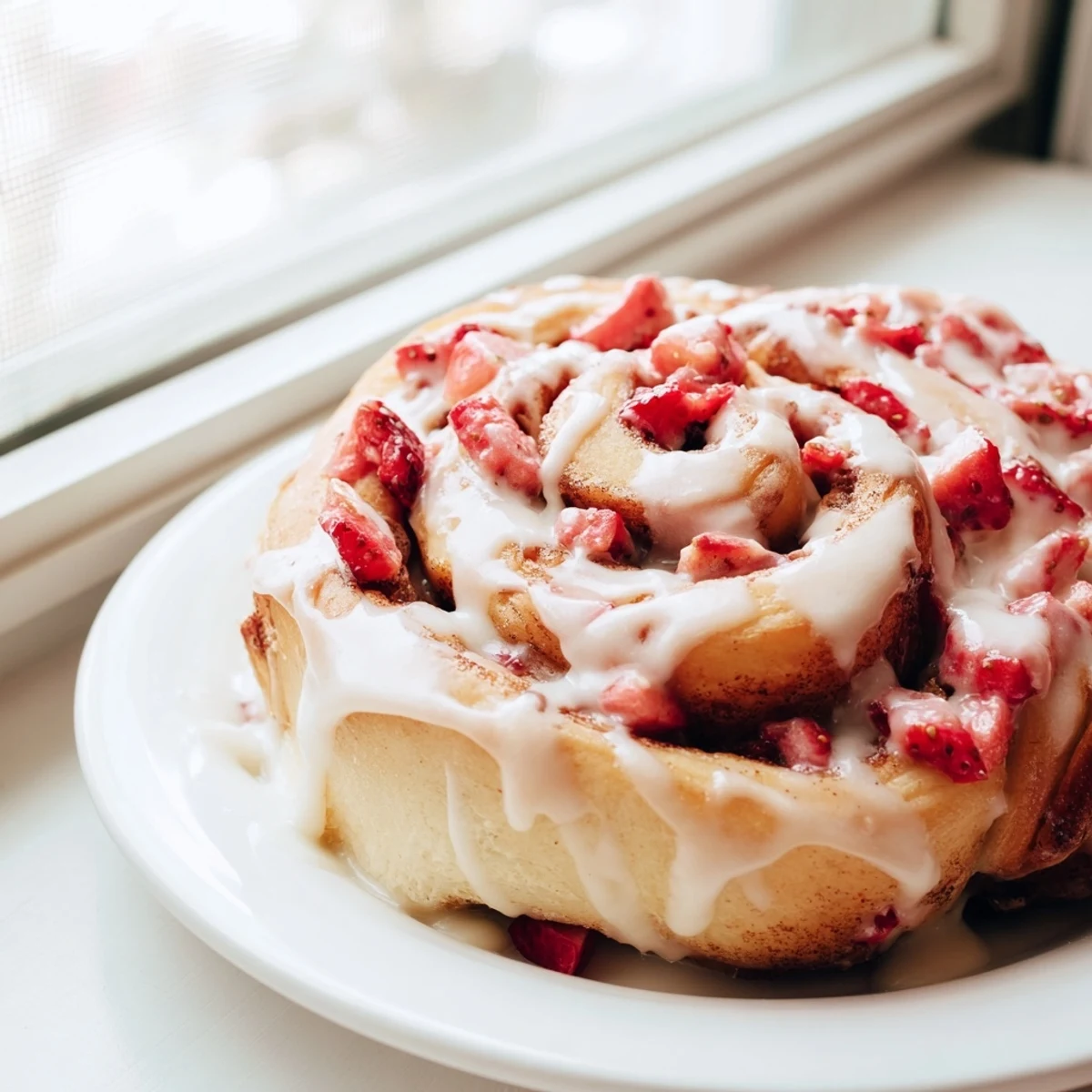 Golden strawberry cinnamon rolls with cream cheese glaze drizzled over swirls of cinnamon sugar filling