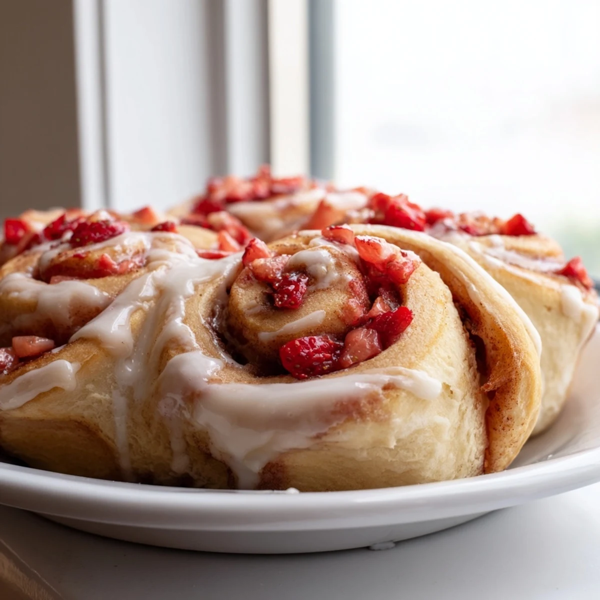 Fresh strawberry cinnamon rolls arranged in a baking pan with sweet glaze dripping down the sides