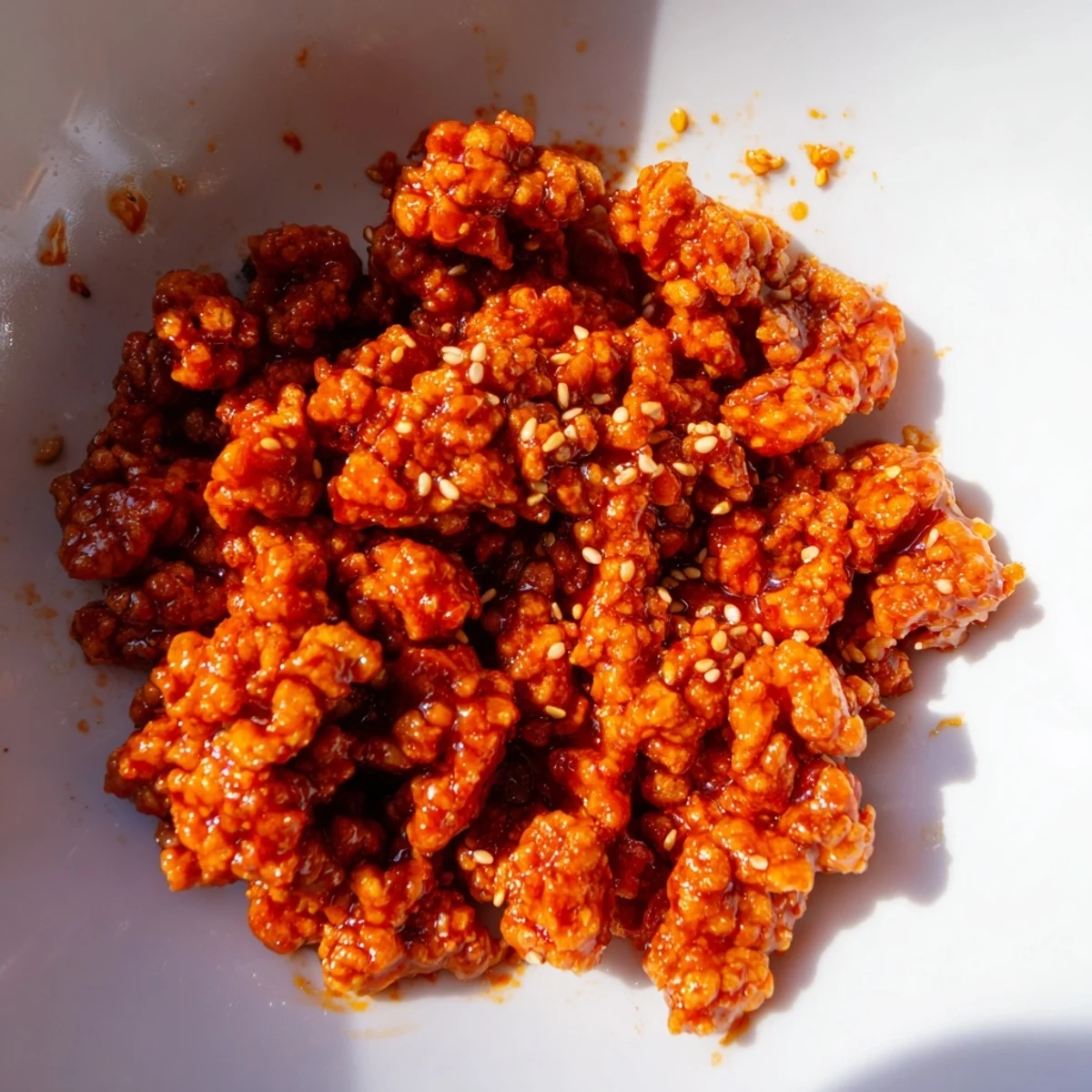 Firecracker Ground Chicken Bowls with spicy glazed meat, crisp veggies, and sesame garnish