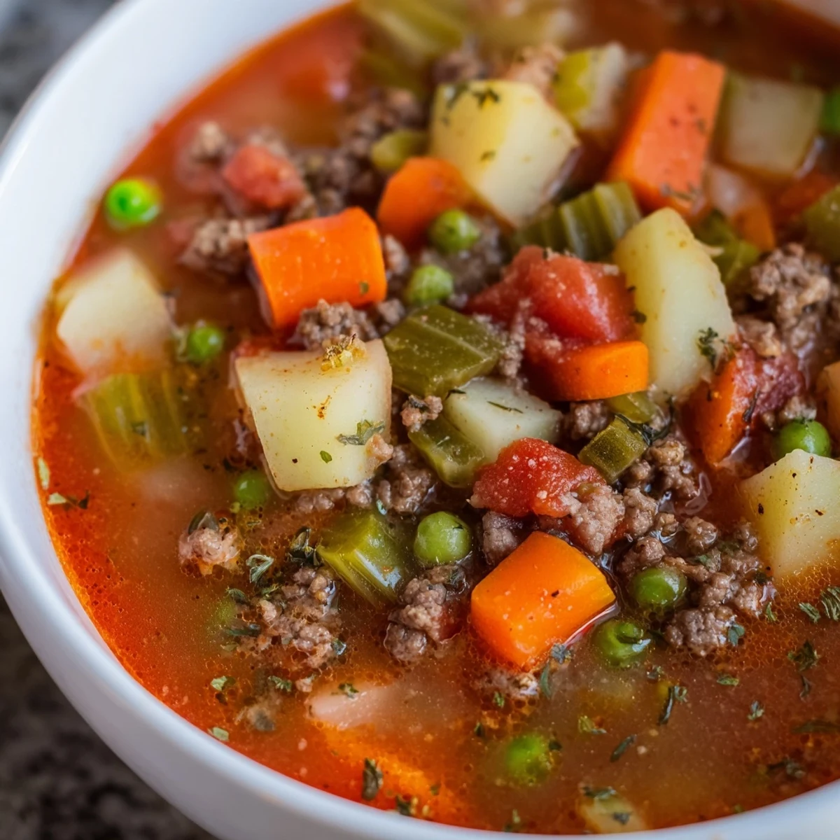 Steaming bowl of homemade ground beef and potato soup garnished with fresh parsley