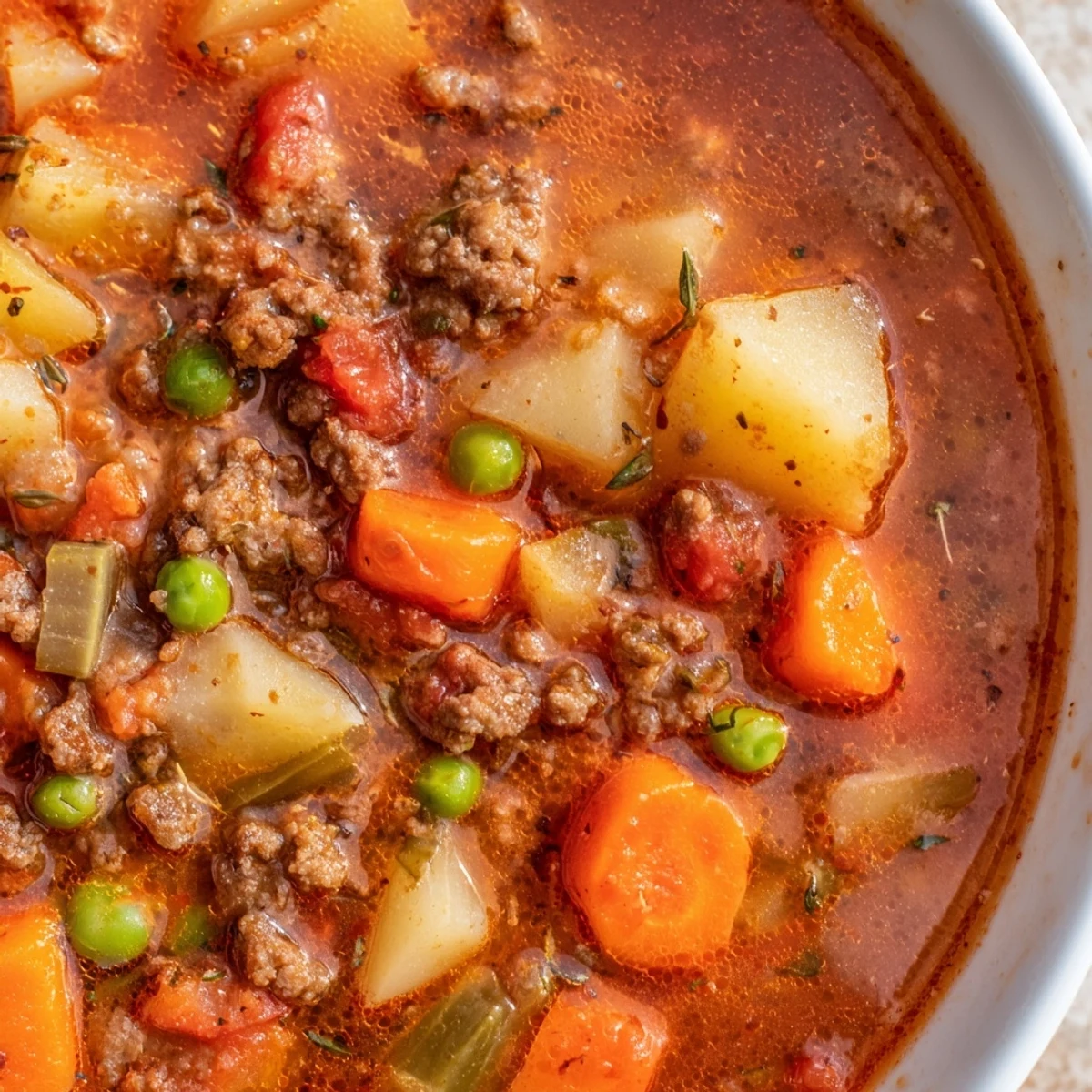 Hearty ground beef and potato soup loaded with tender vegetables in savory broth