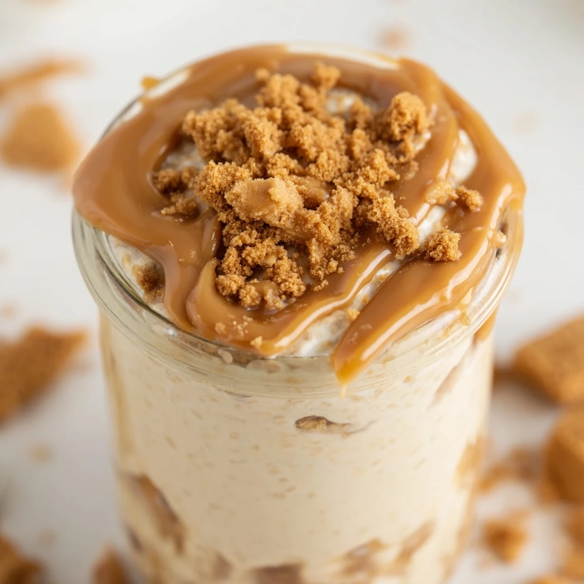 Creamy Biscoff overnight oats topped with crushed cookies and caramel drizzle in a glass jar