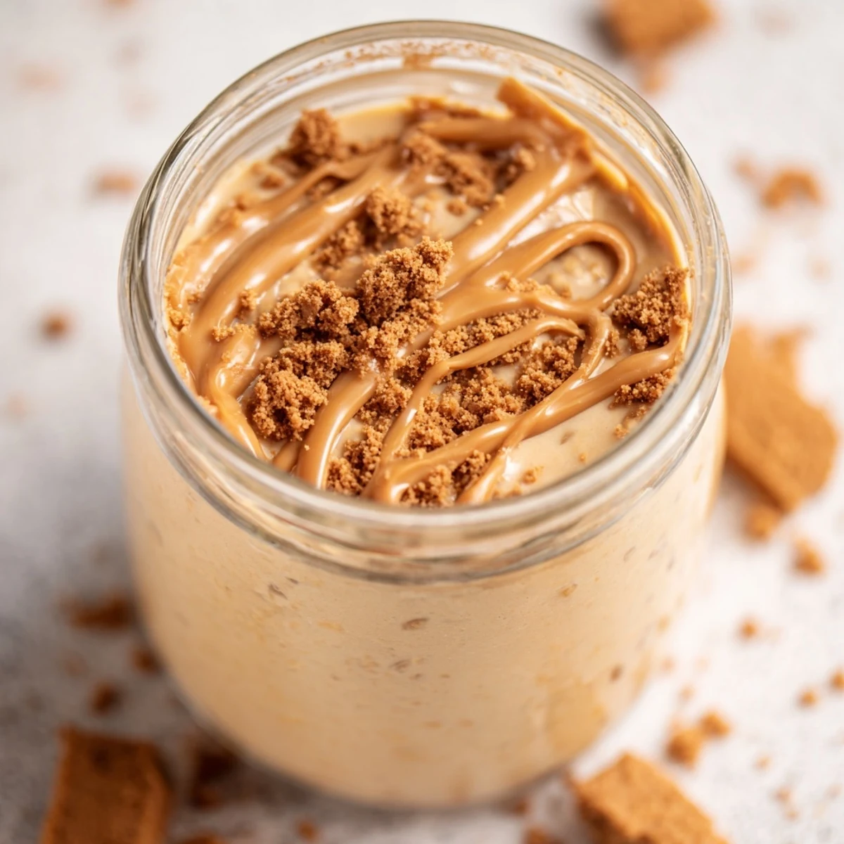 Biscoff overnight oats served in mason jar with swirled cookie butter and fresh berries