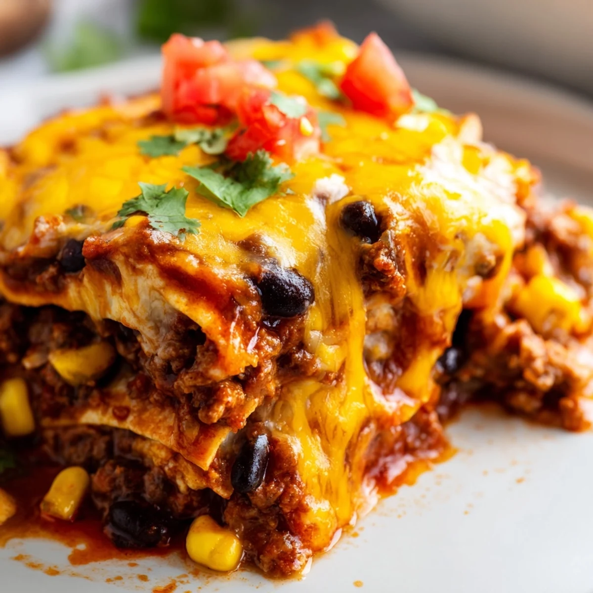 Golden bubbling Baked Beef Enchilada Casserole topped with melted cheddar and Monterey Jack cheese