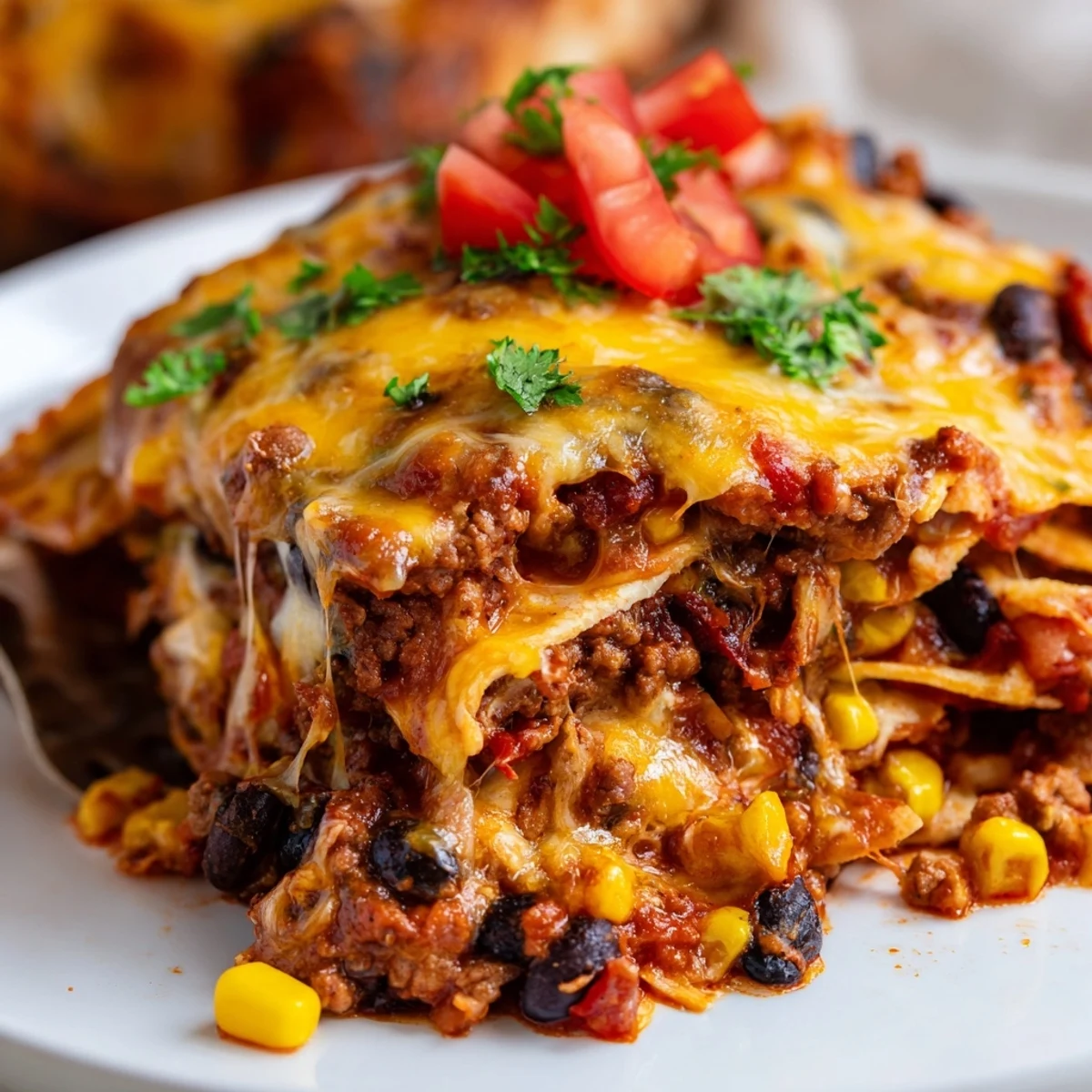 Layered Baked Beef Enchilada Casserole with seasoned ground beef corn tortillas and rich red sauce