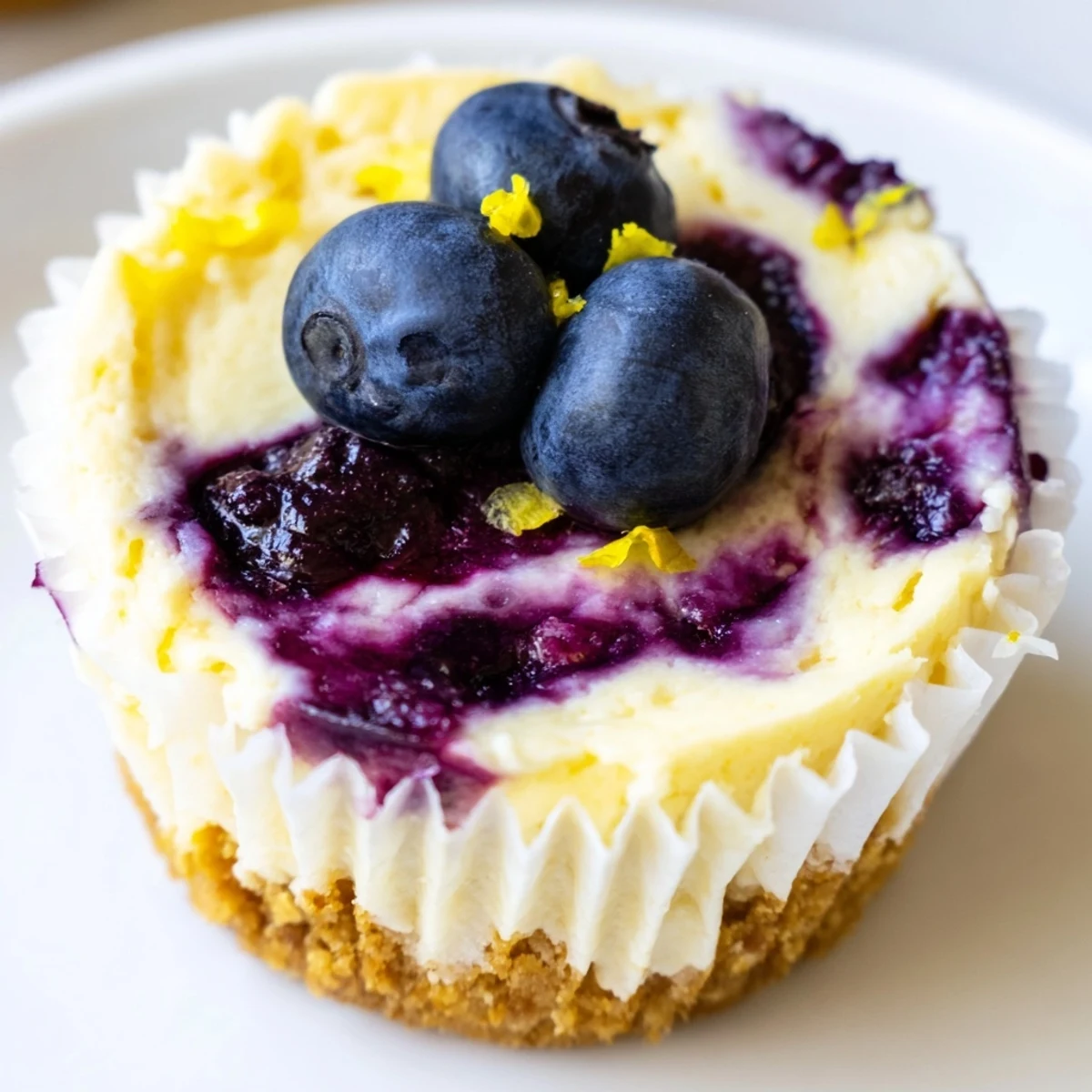 Creamy mini lemon blueberry cheesecakes with graham crusts served chilled in paper liners