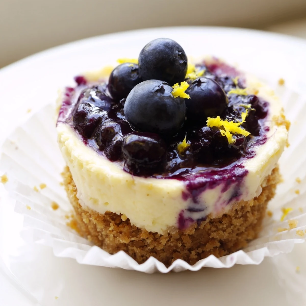 Golden mini lemon blueberry cheesecakes topped with vibrant berry compote on a rustic plate