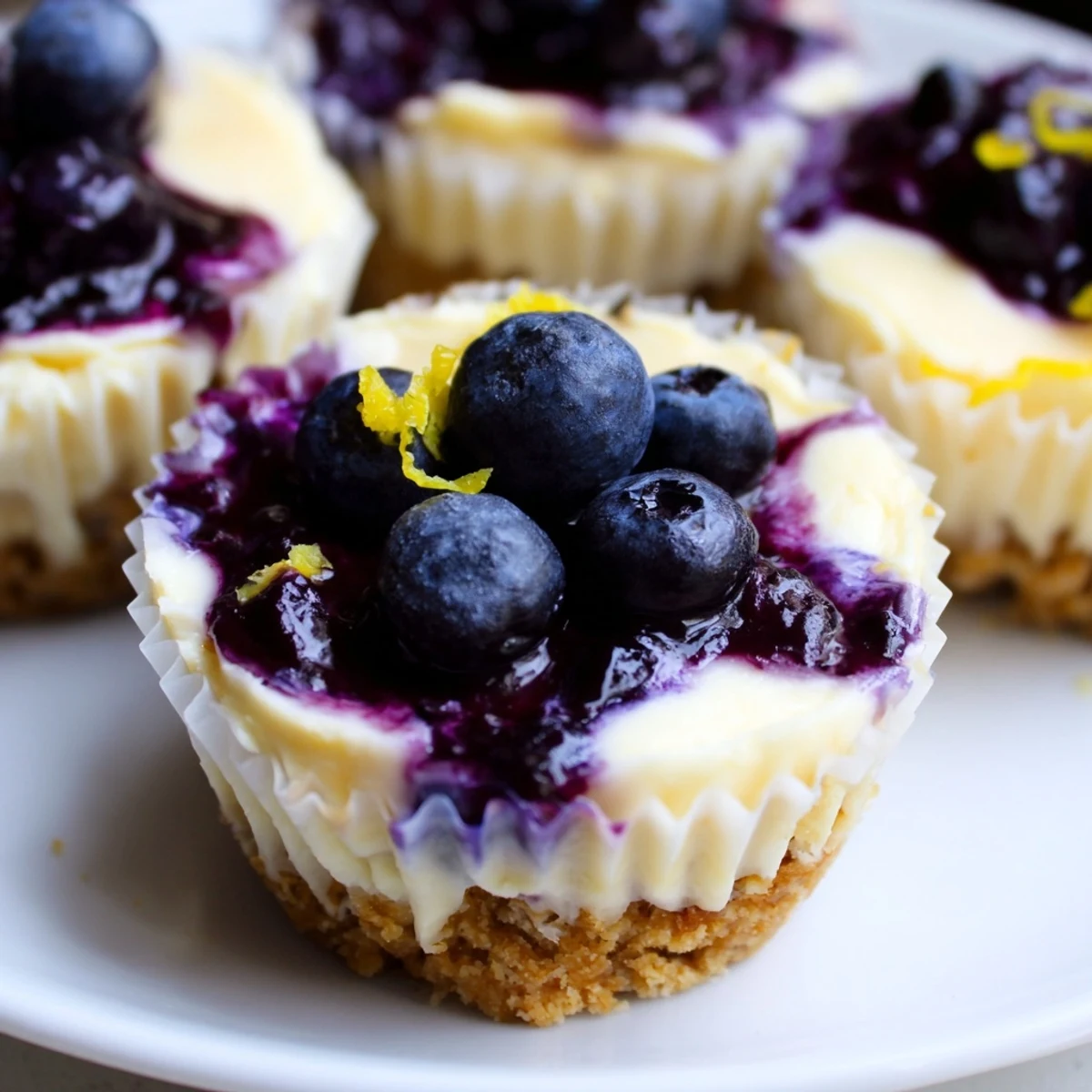Swirled blueberry topping crowns these tangy mini lemon blueberry cheesecakes on a dessert tray