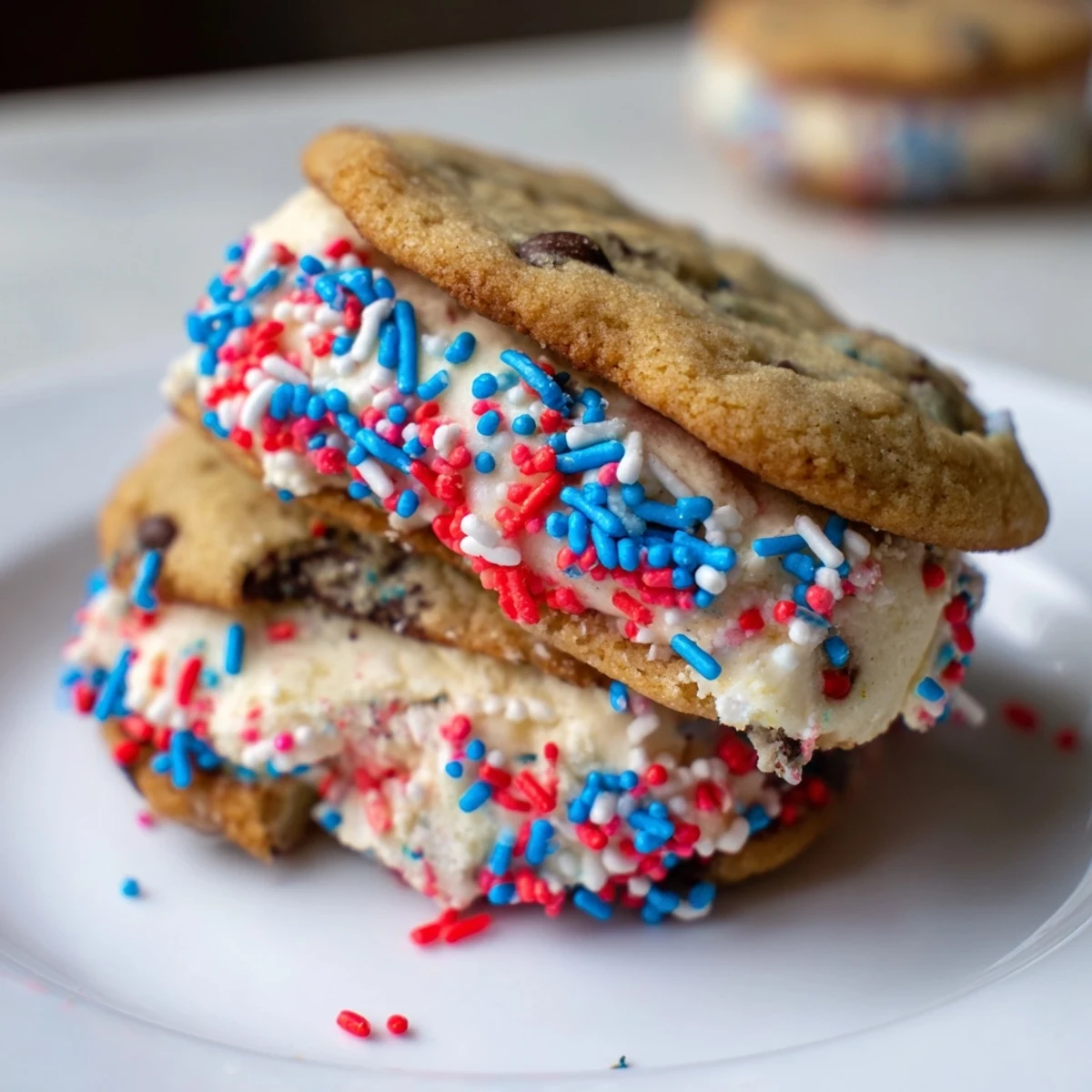Colorful Patriotic Mini Ice Cream Sandwiches coated in red white and blue sprinkles on a summer dessert tray