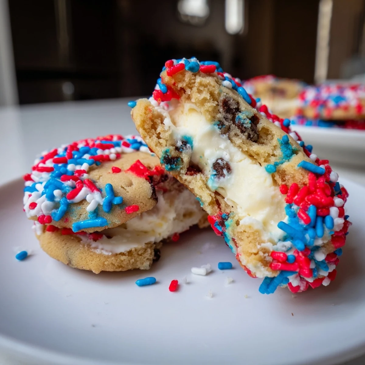 Mini chocolate chip cookies sandwiching creamy vanilla ice cream rolled in festive Patriotic sprinkles for celebrations