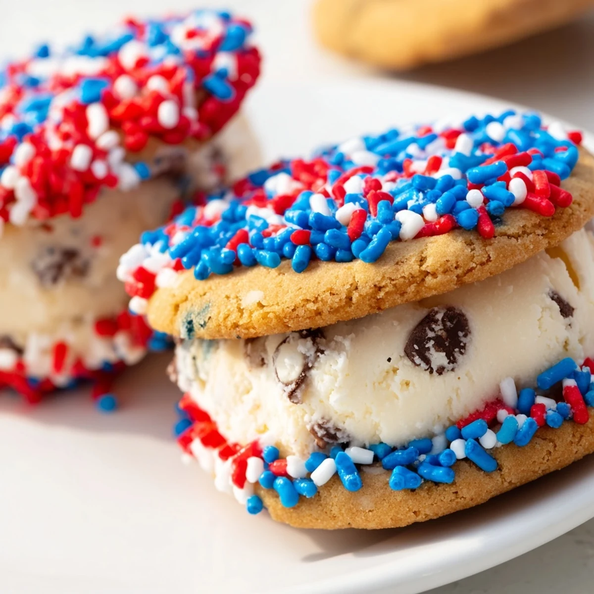 Frozen Patriotic Mini Ice Cream Sandwiches with gooey vanilla filling and bright red white and blue sprinkle edges