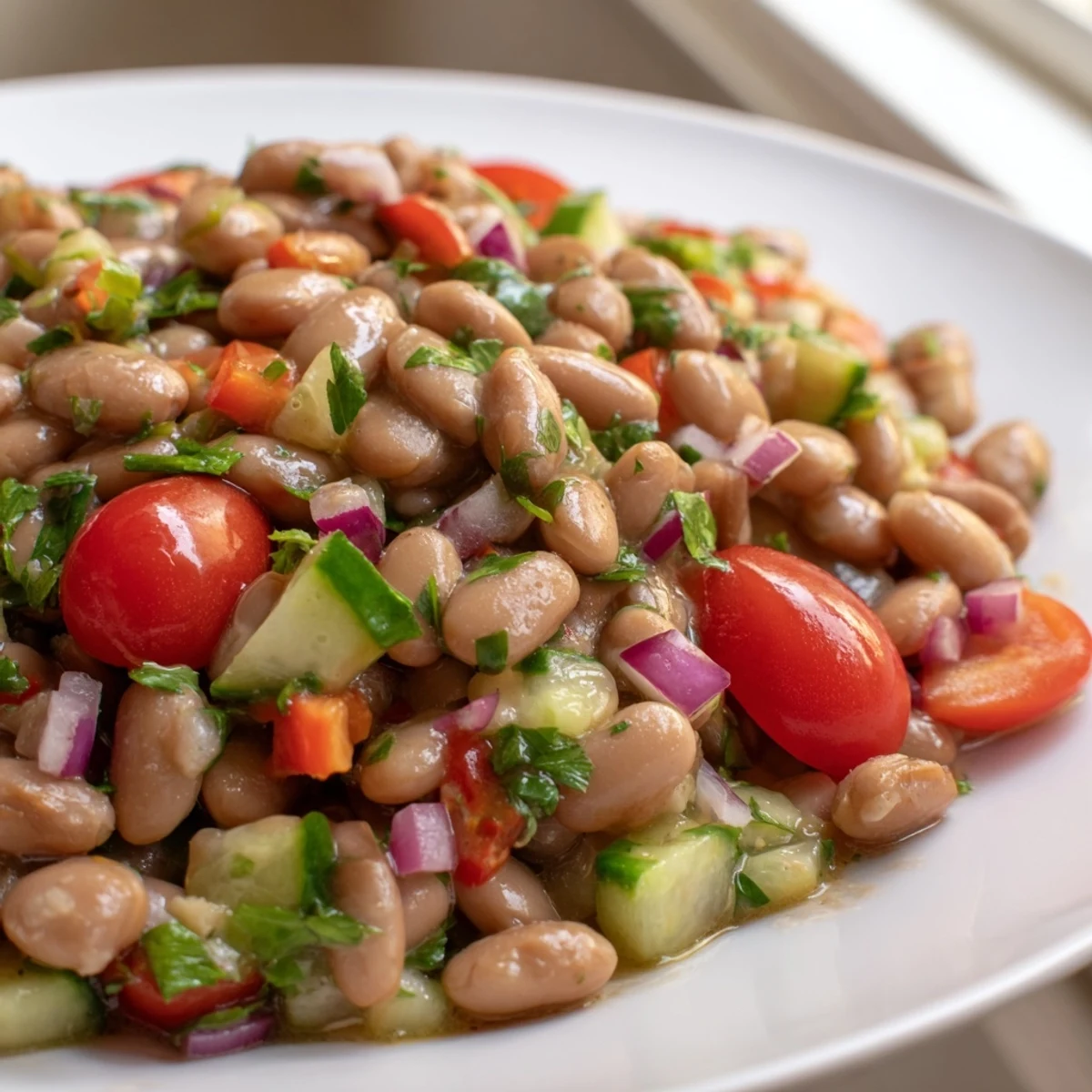 Close-up of hearty pinto bean salad tossed with crisp bell peppers and fresh cilantro