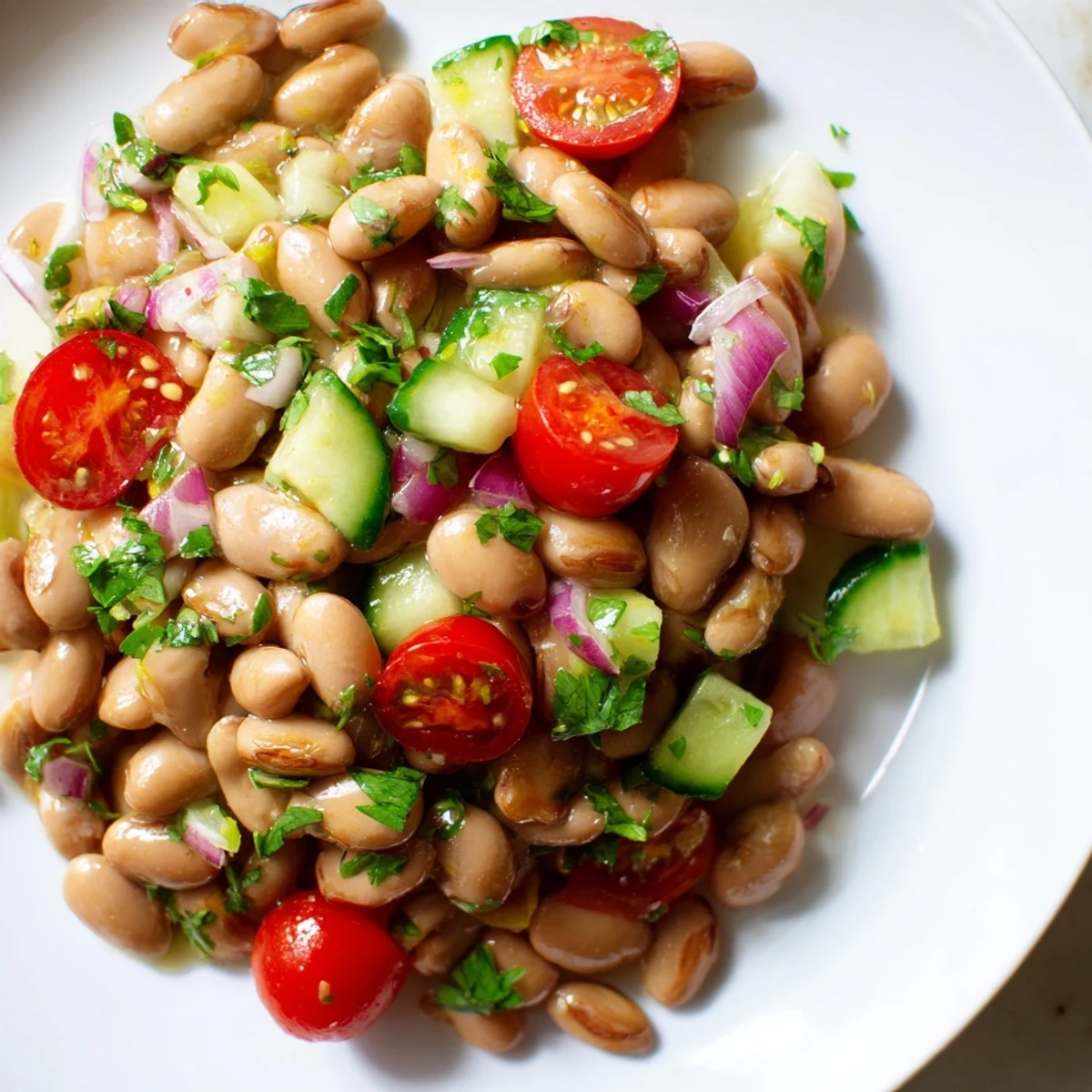 Colorful pinto bean salad with diced tomatoes, cucumber, and zesty lime dressing in a bowl