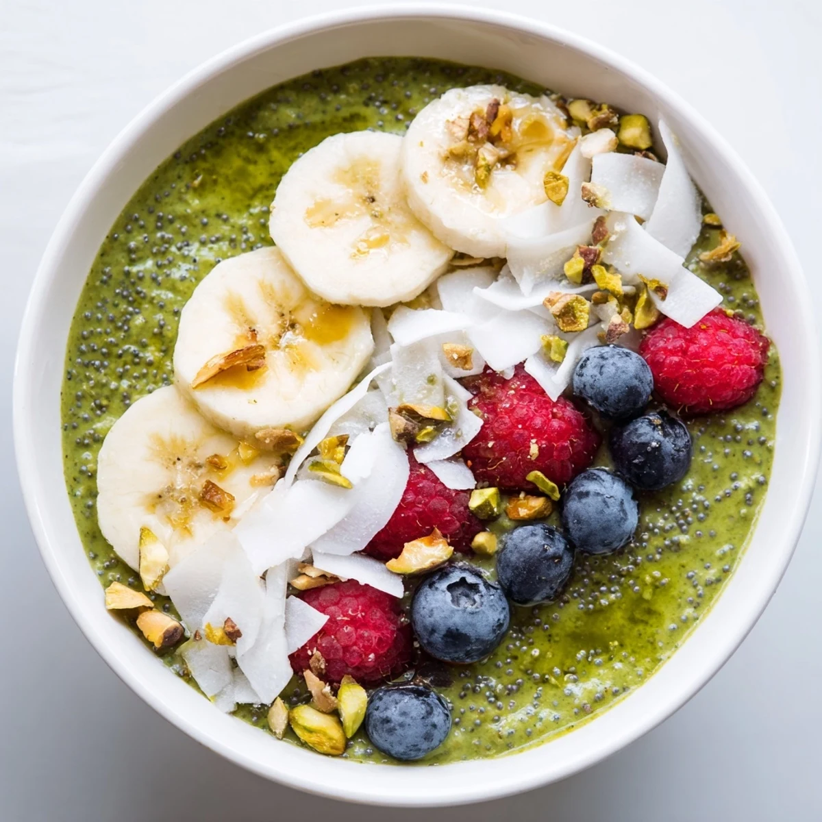 Vibrant green matcha overnight oats served in a glass bowl with coconut flakes