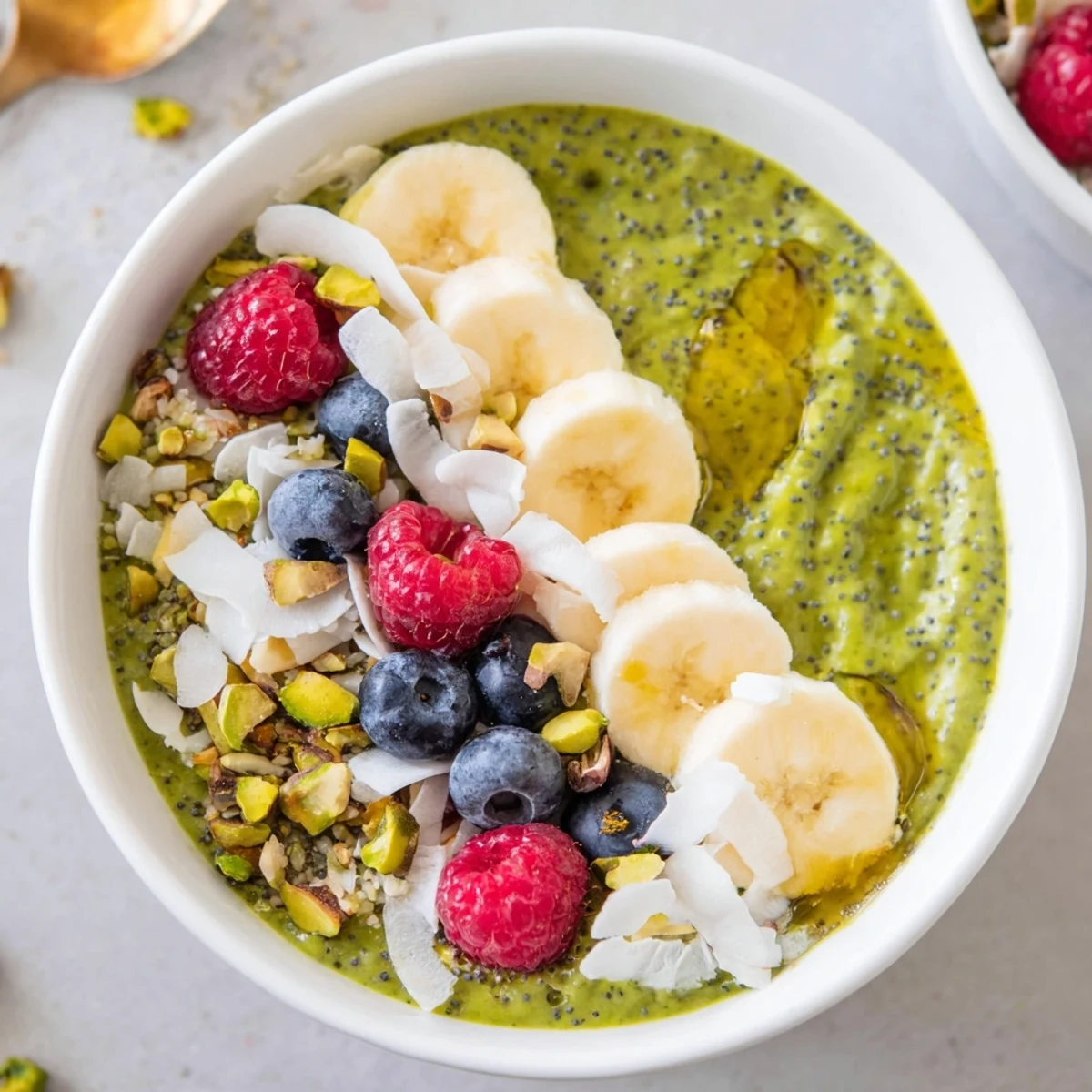 Creamy matcha overnight oats in a jar topped with sliced banana and berries