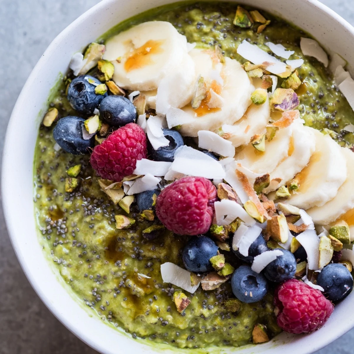 A jar of no-bake matcha overnight oats topped with chopped pistachios and fresh fruit