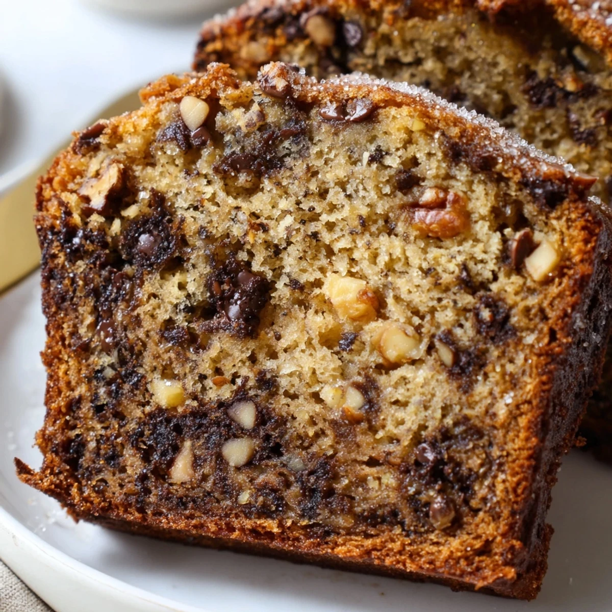 Warm slice of super moist banana bread topped with chopped walnuts on a rustic wooden board