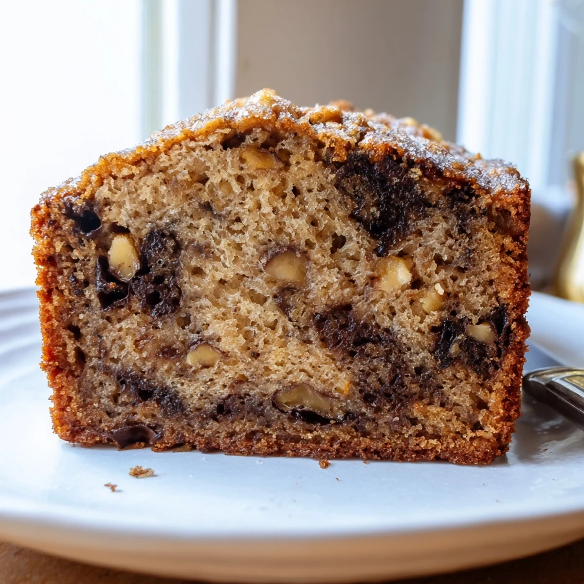 Golden super moist banana bread loaf cooling on a wire rack with a tender crumbled center