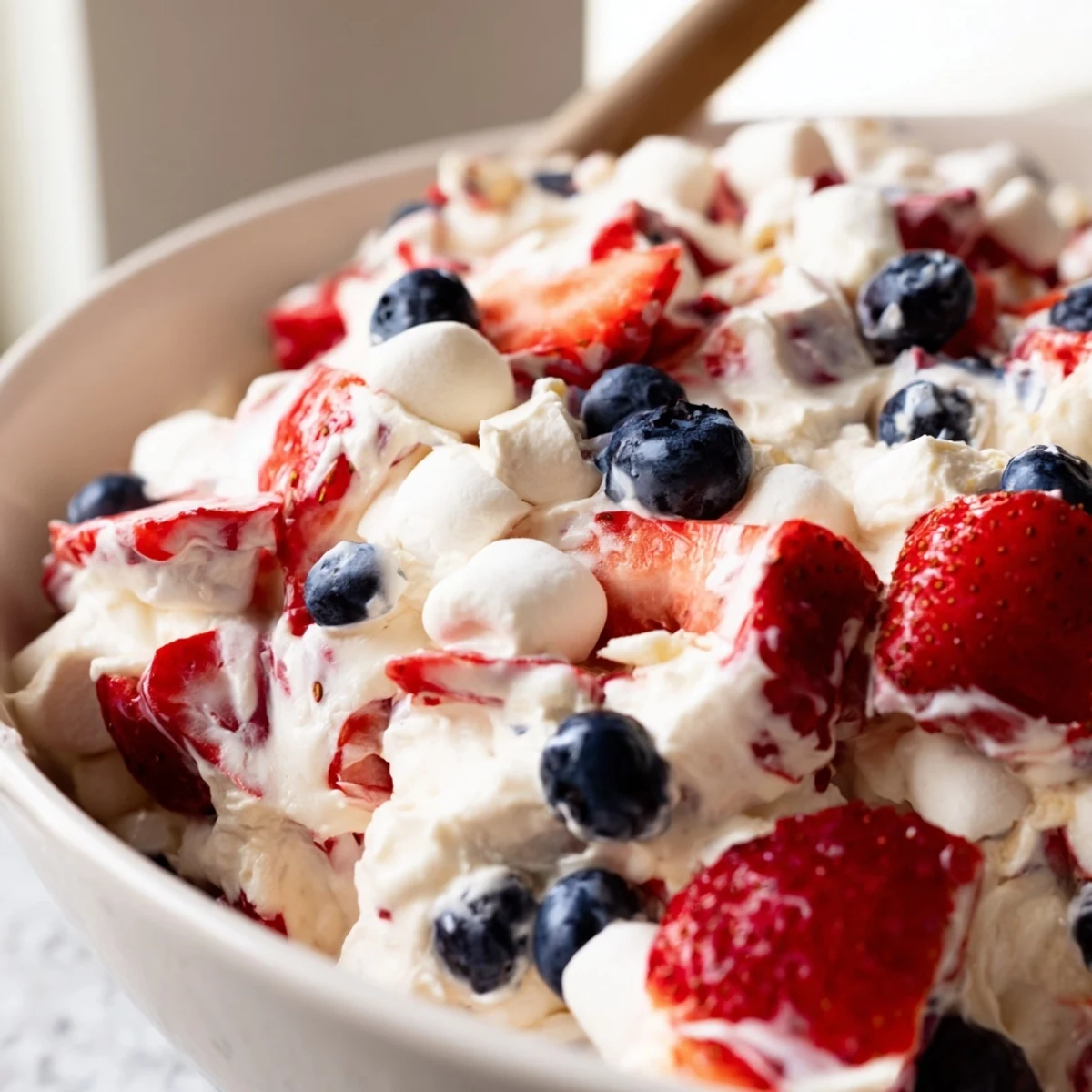 Creamy red white blue cheesecake salad loaded with fresh strawberries and blueberries in a fluffy serving bowl