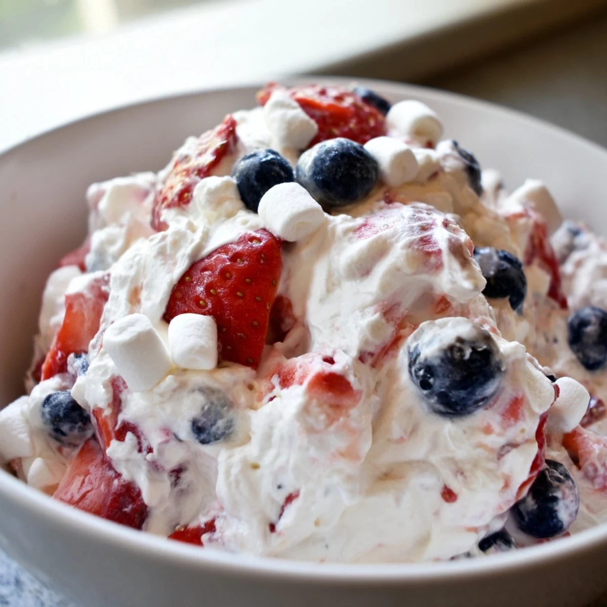 Vibrant red white blue cheesecake salad topped with juicy berries and sweet mini marshmallows on a summer table