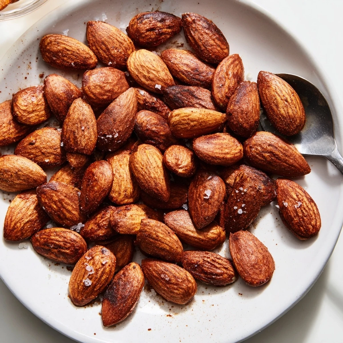 Golden roasted almonds seasoned with smoked paprika in a rustic ceramic bowl