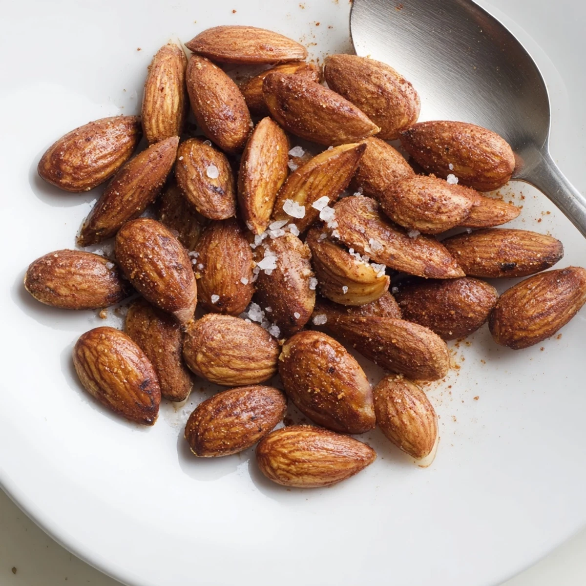 Crunchy roasted almonds cooling on a parchment-lined baking sheet after baking perfectly