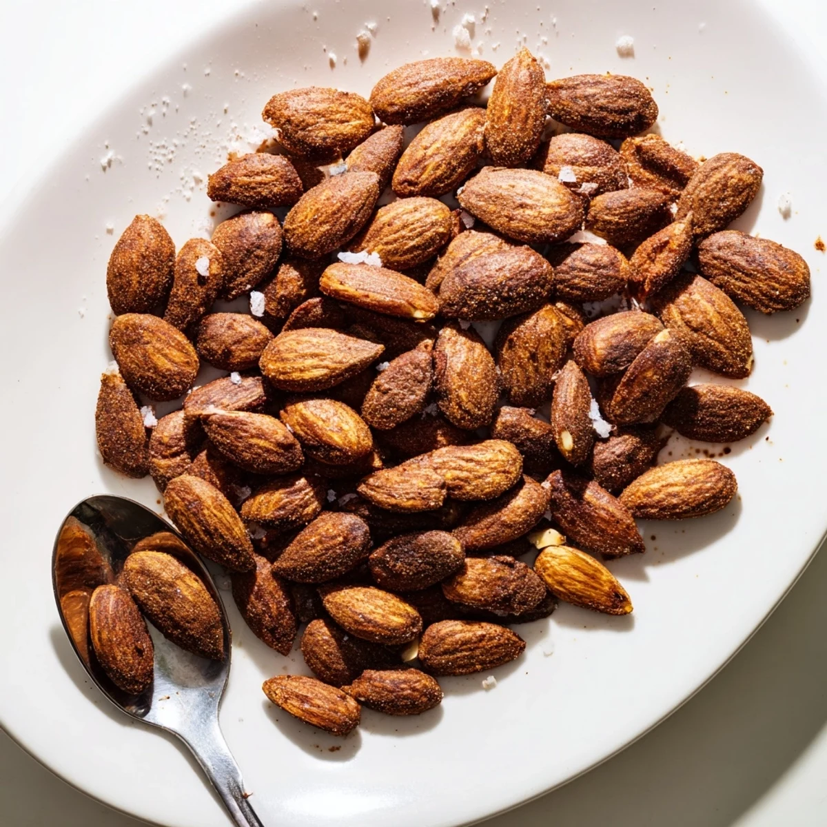 Warm roasted almonds piled in a serving dish ready for snacking today