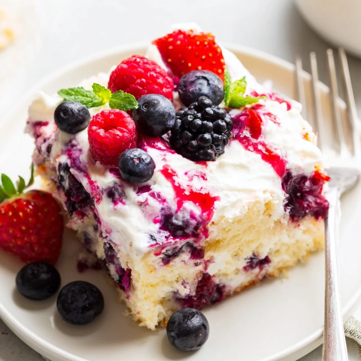 A slice of summer berry poke cake topped with fresh berries and fluffy whipped cream