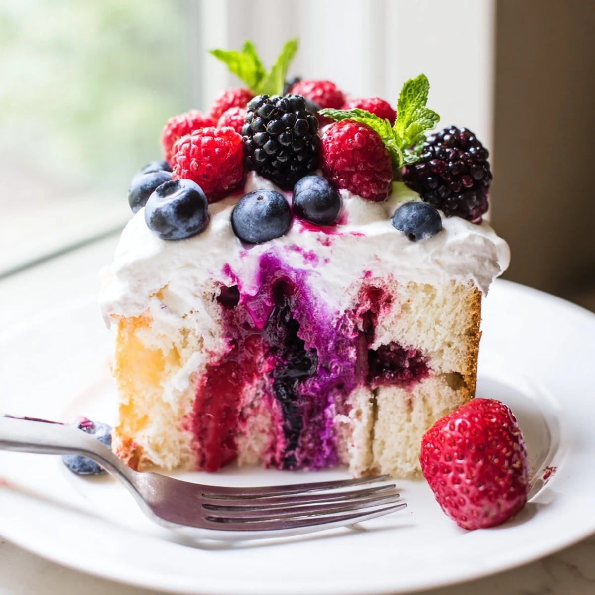 Moist summer berry poke cake with vibrant berry sauce soaking into tender vanilla crumbs