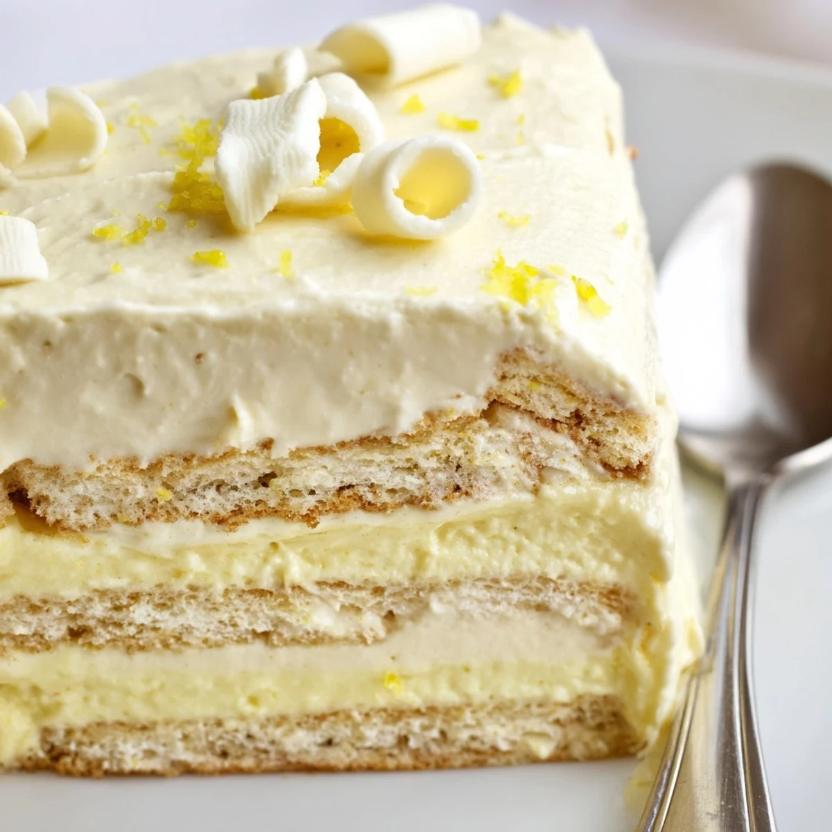 No-bake lemon tiramisu layered with soaked ladyfingers and airy mascarpone cream.
