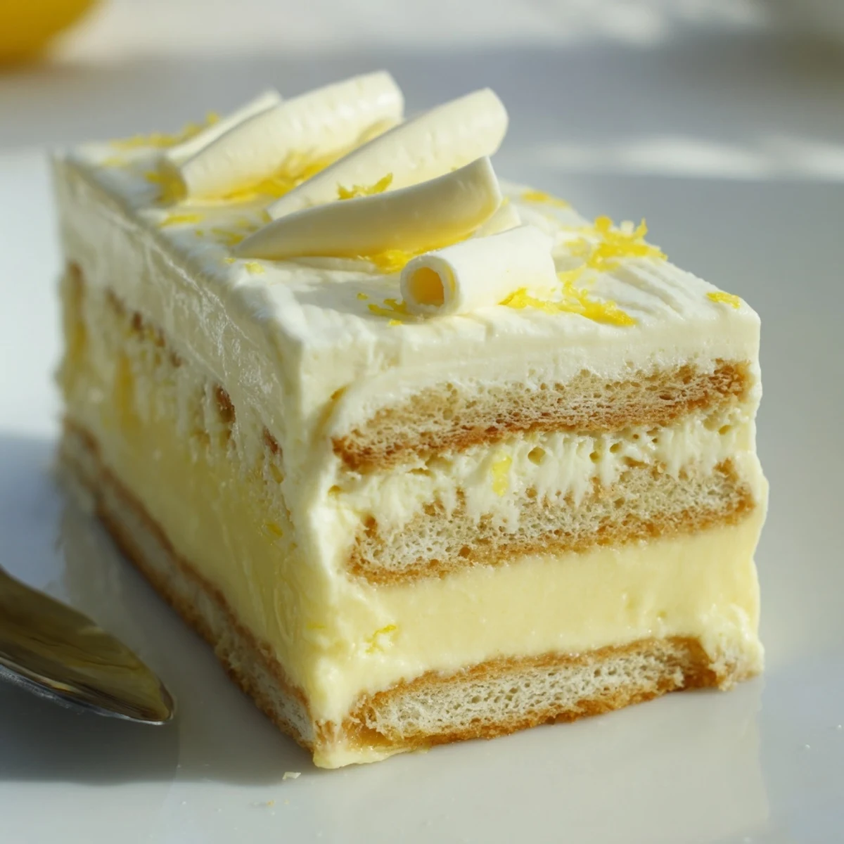 Creamy lemon tiramisu slices garnished with fresh zest in a glass dish.