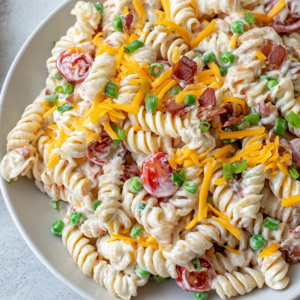 Creamy addictive crack pasta salad on a white plate scattered with green onions and shredded cheddar