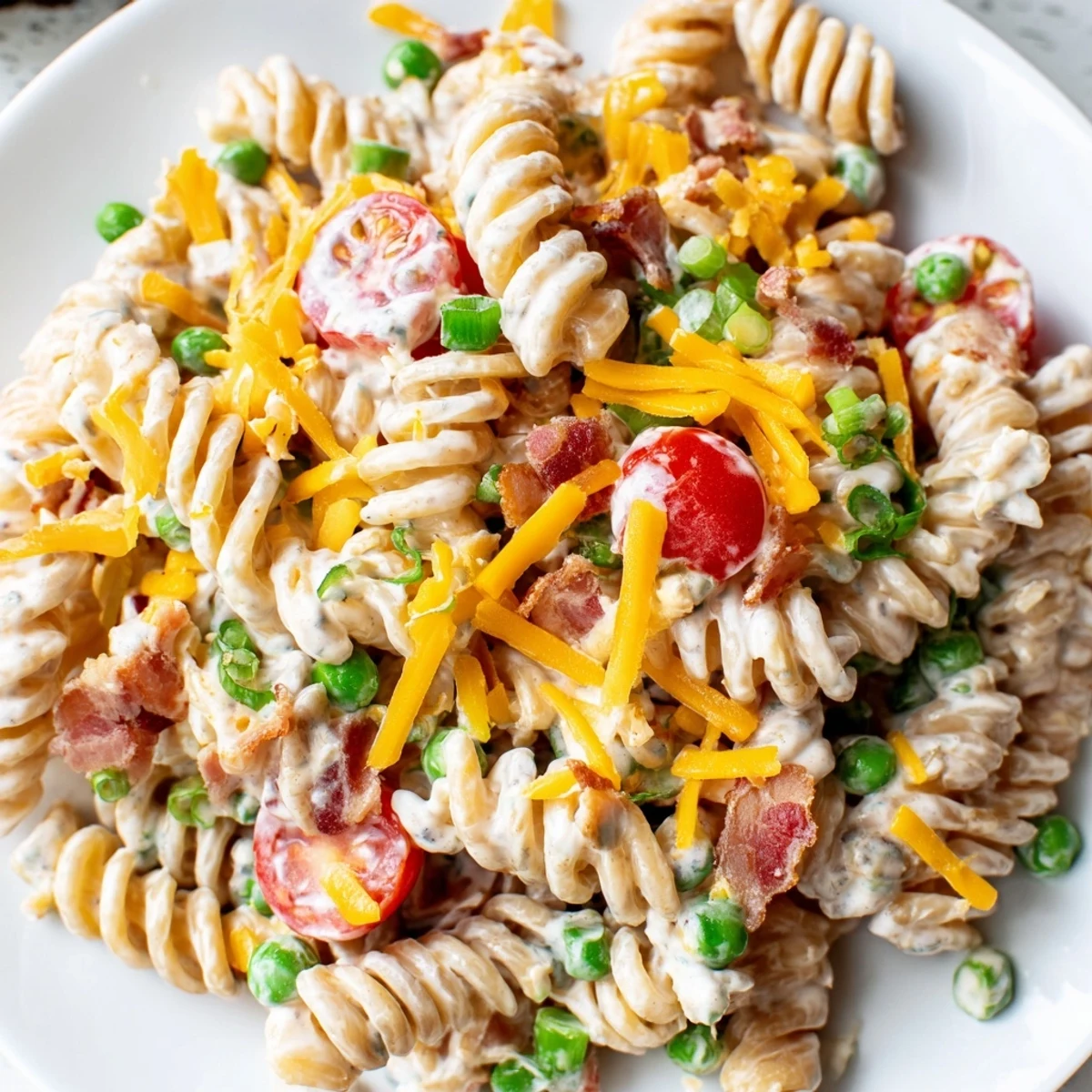 A generous scoop of addictive crack pasta salad showing rotini coated in tangy ranch dressing with diced bell pepper