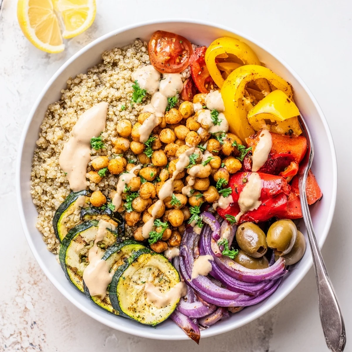 Crispy smoked paprika vegetables and tender chickpeas served in a vegan Mediterranean roasted vegetables bowl with lemon wedges.