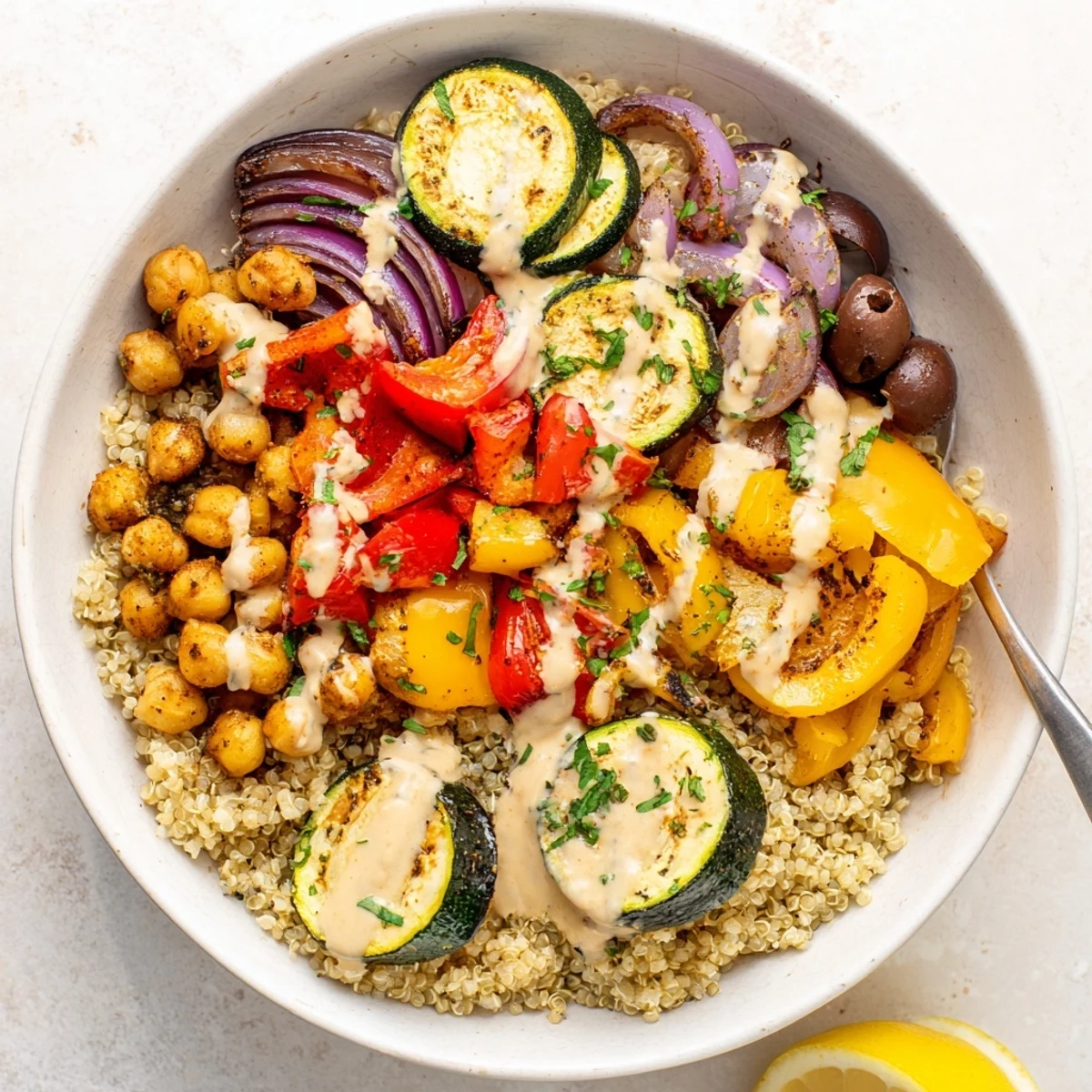 A warm vegan Mediterranean roasted vegetables bowl topped with charred bell peppers, olives, and fresh parsley over quinoa.