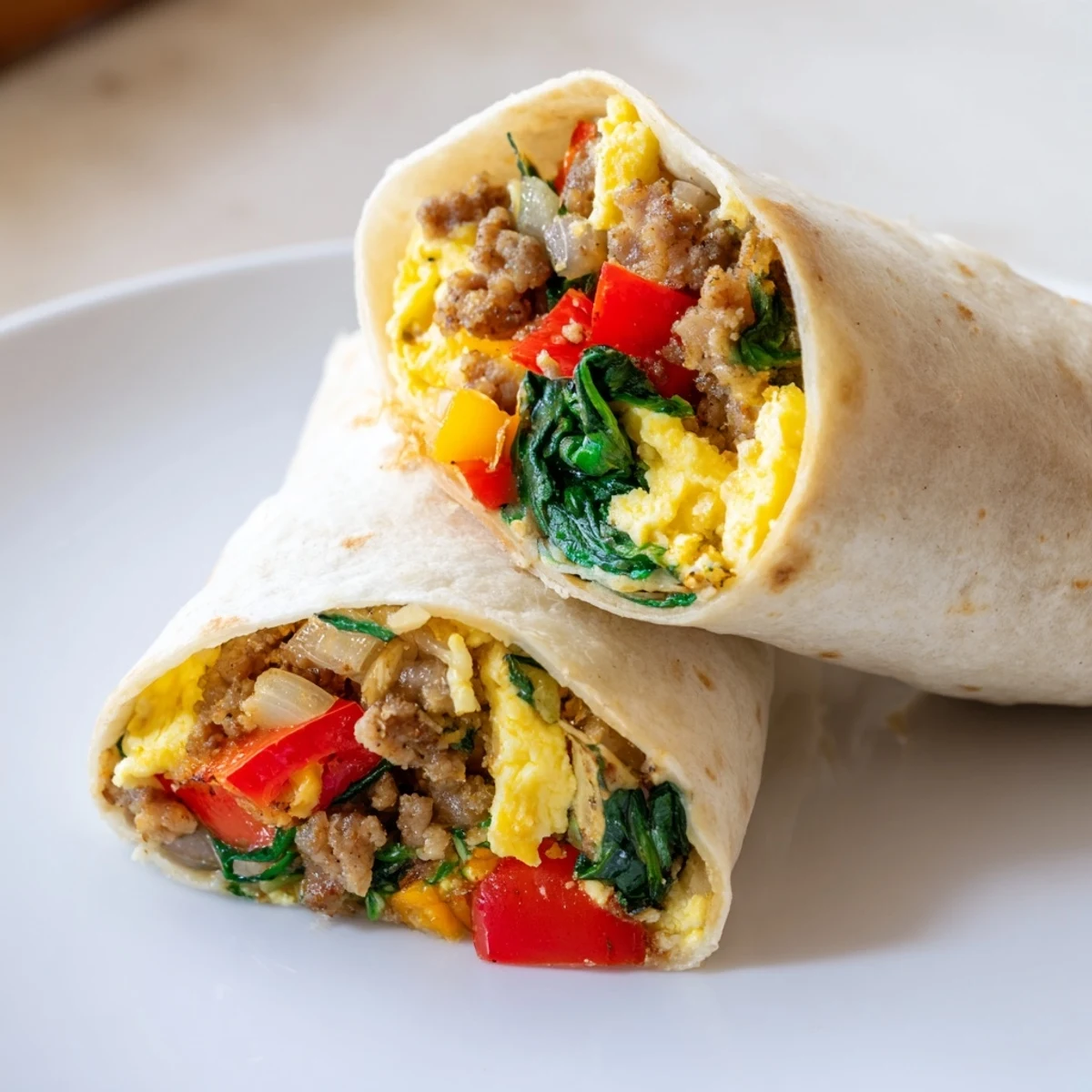 Golden scrambled egg and sausage freezer breakfast burritos wrapped in warm flour tortillas