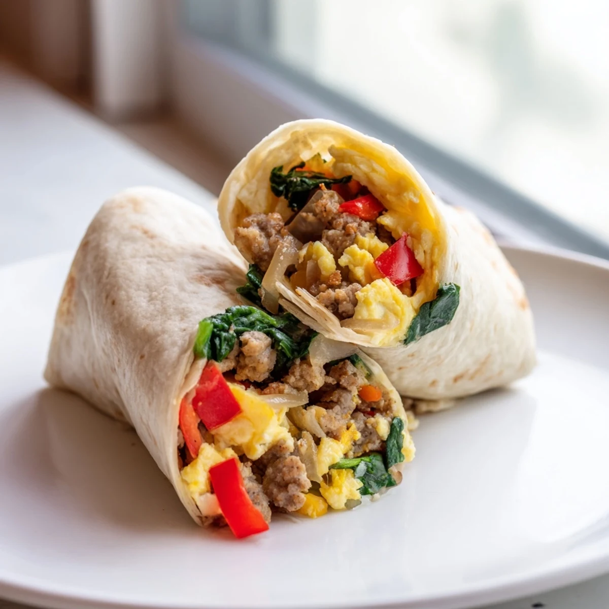 Sliced freezer breakfast burritos revealing melted cheddar, eggs, and seasoned sausage filling