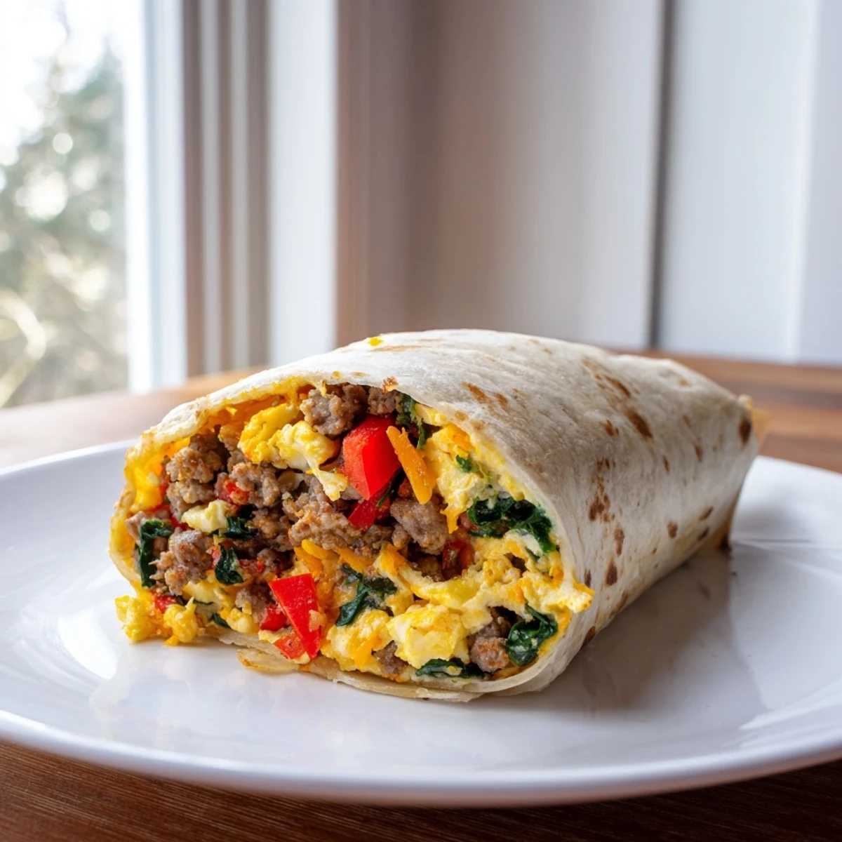 Make-ahead freezer breakfast burritos stuffed with cheesy eggs, peppers, and savory sausage