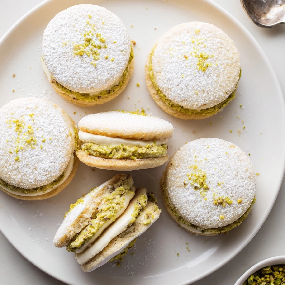 Pistachio Cream Cookies Recipe showing golden sandwich cookies with creamy pistachio filling